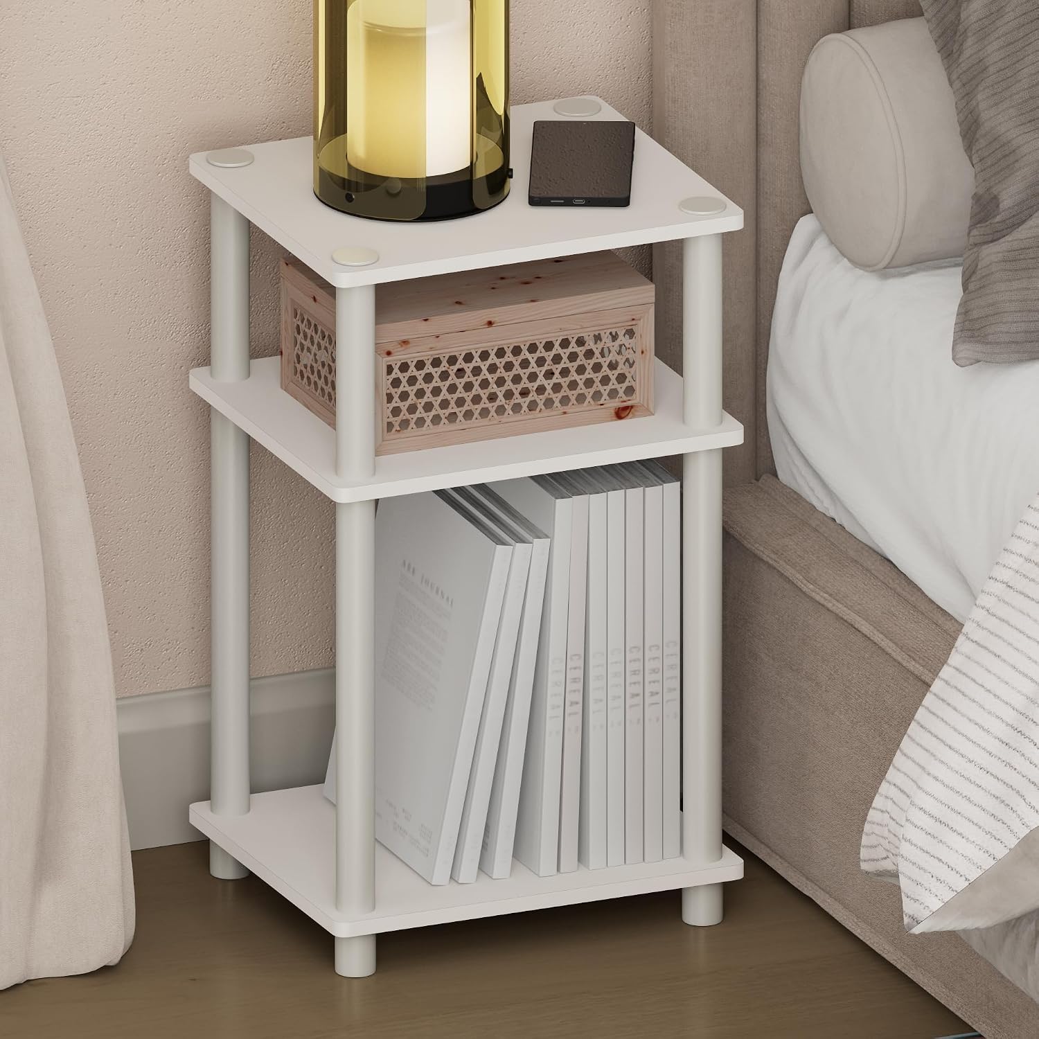  JUST Toolless 3-Tier Night Stand, Open Storage, White