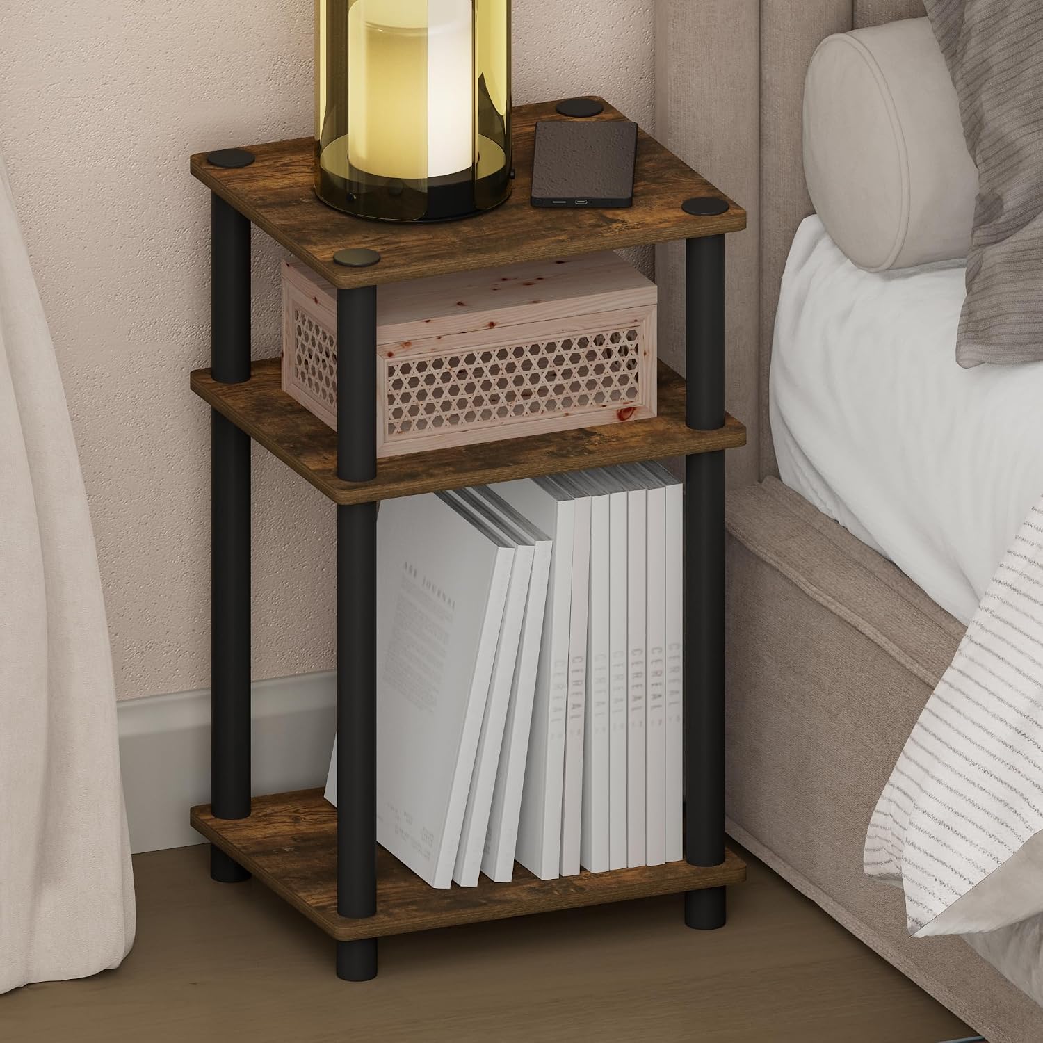  JUST Toolless 3-Tier Night Stand, Open Storage, White