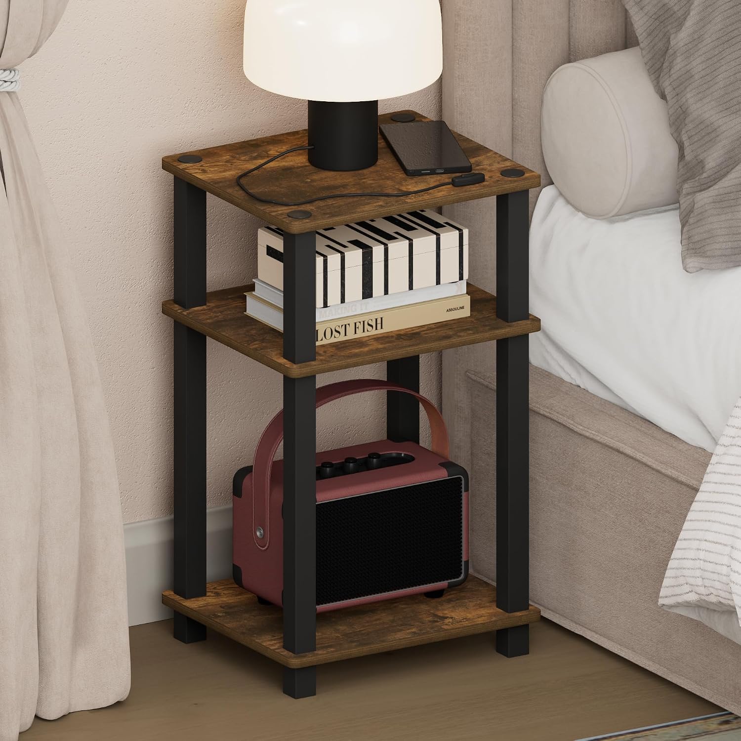  JUST Toolless 3-Tier Night Stand, Open Storage, White