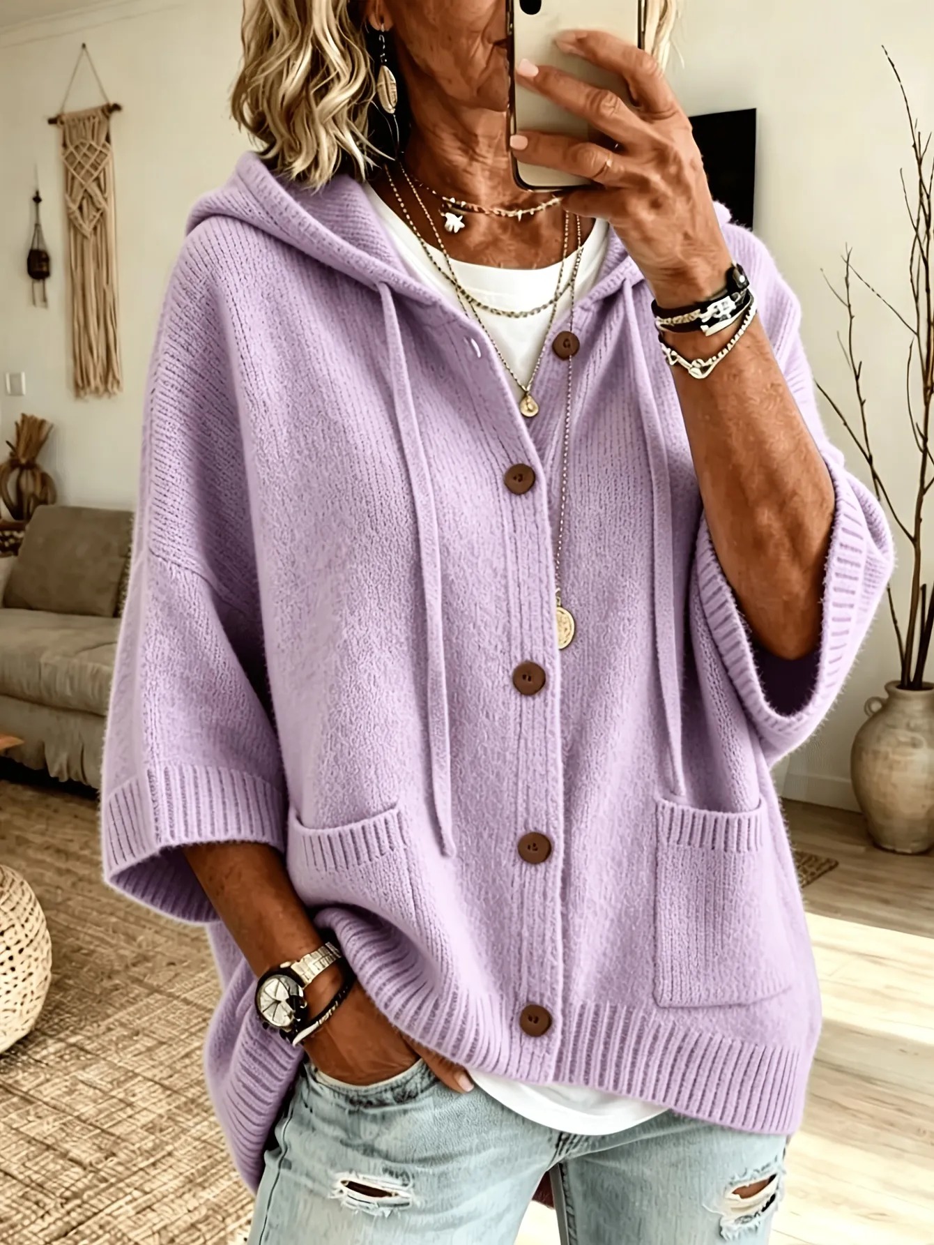 Damen Strickjacke mit Kapuze – Lockerer Cardigan mit Knopfleiste für Alltag & Freizeit