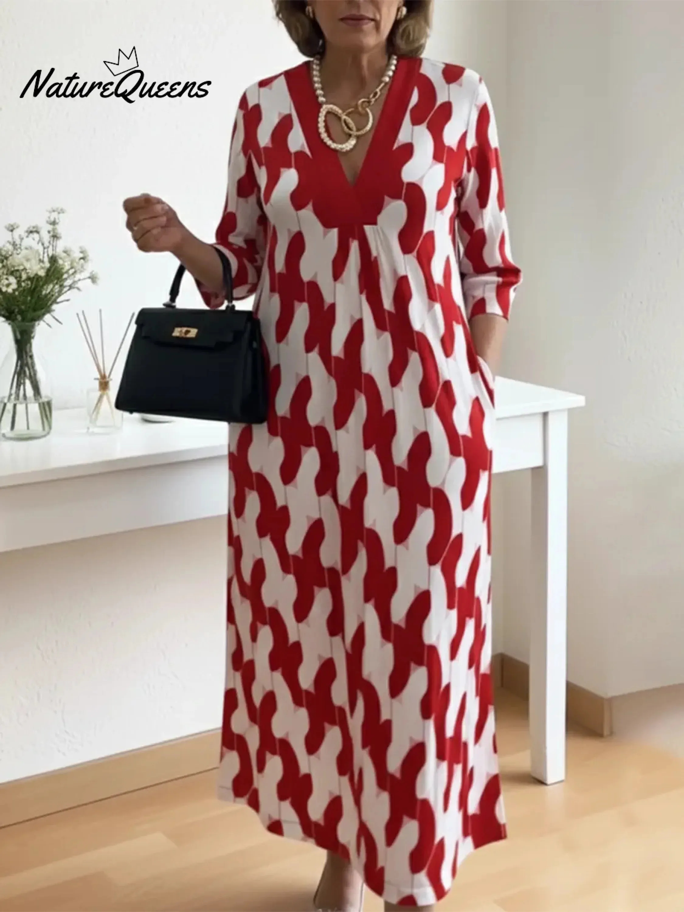 Elegant Abstract Print V-Neck Maxi Dress
