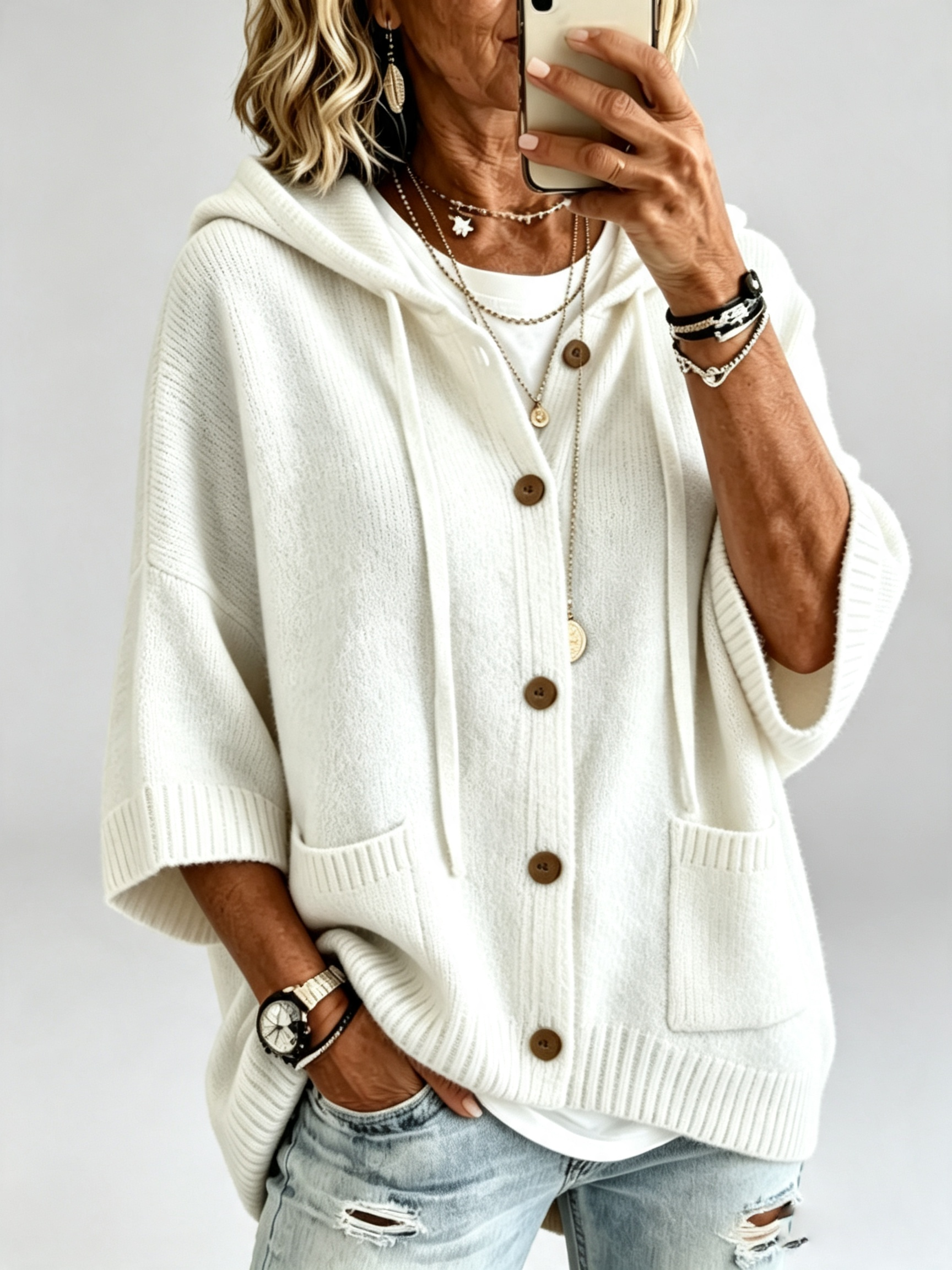 Women's Hooded Knit Cardigan Sweater – Button Front Cozy Oversized Layering Jacket