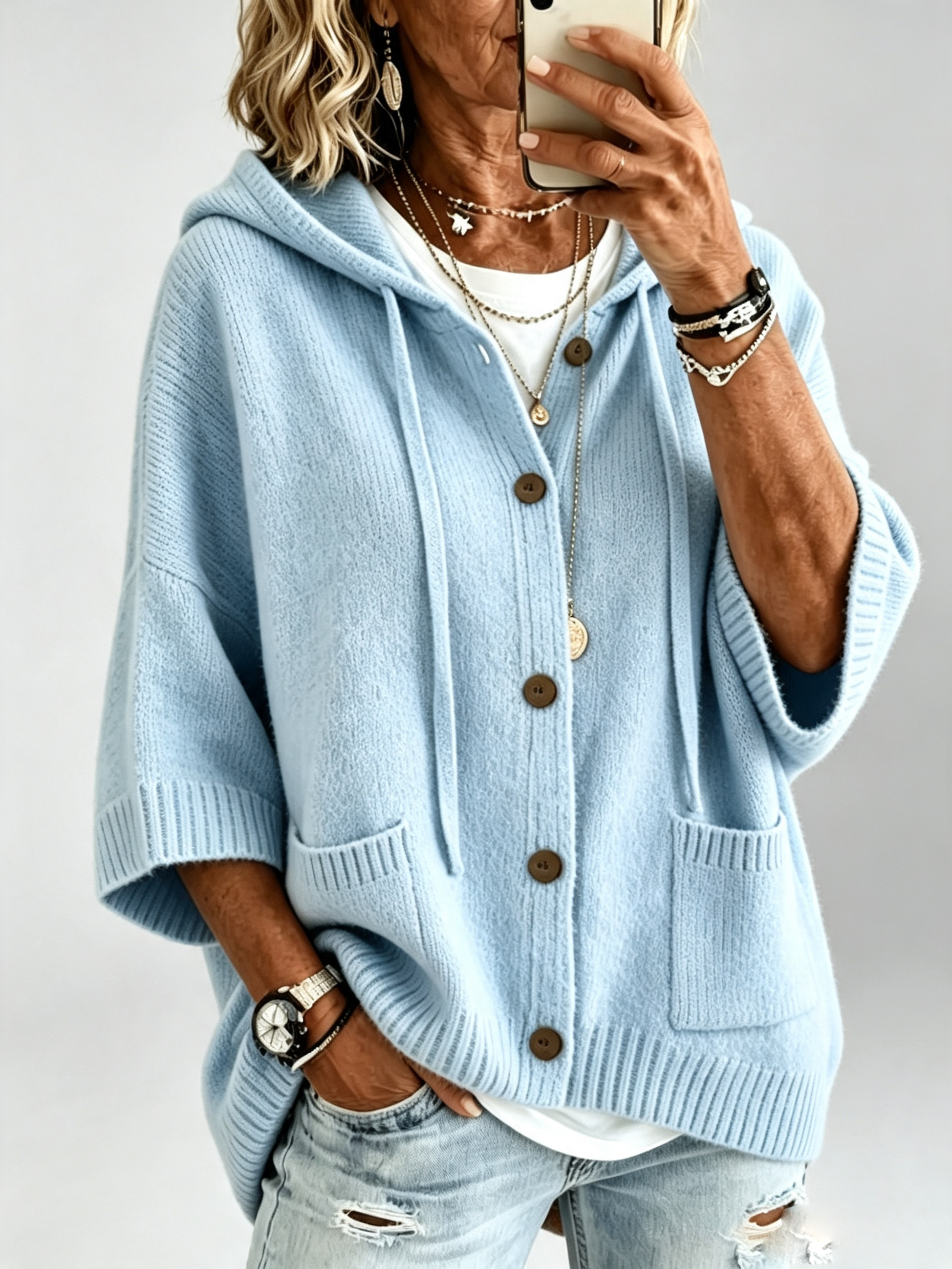 Women's Hooded Knit Cardigan Sweater – Button Front Cozy Oversized Layering Jacket