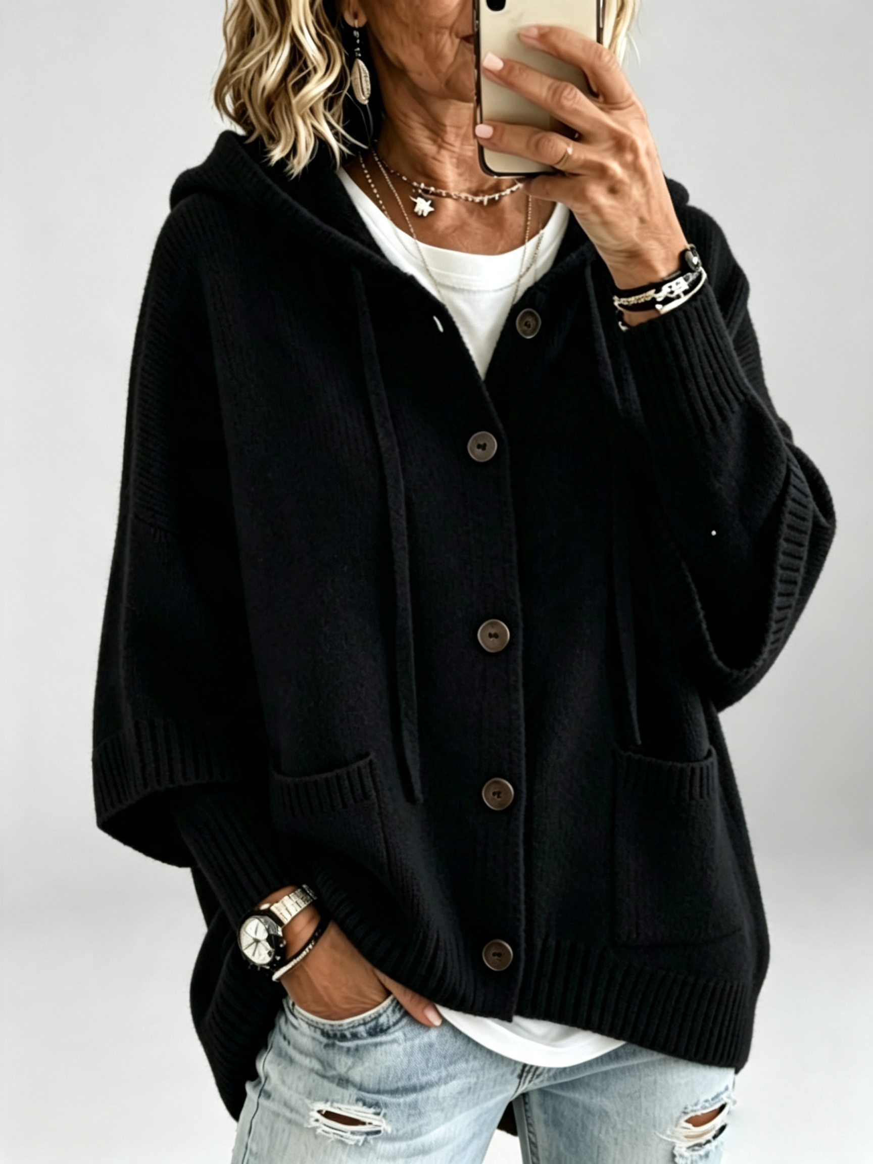 Women's Hooded Knit Cardigan Sweater – Button Front Cozy Oversized Layering Jacket