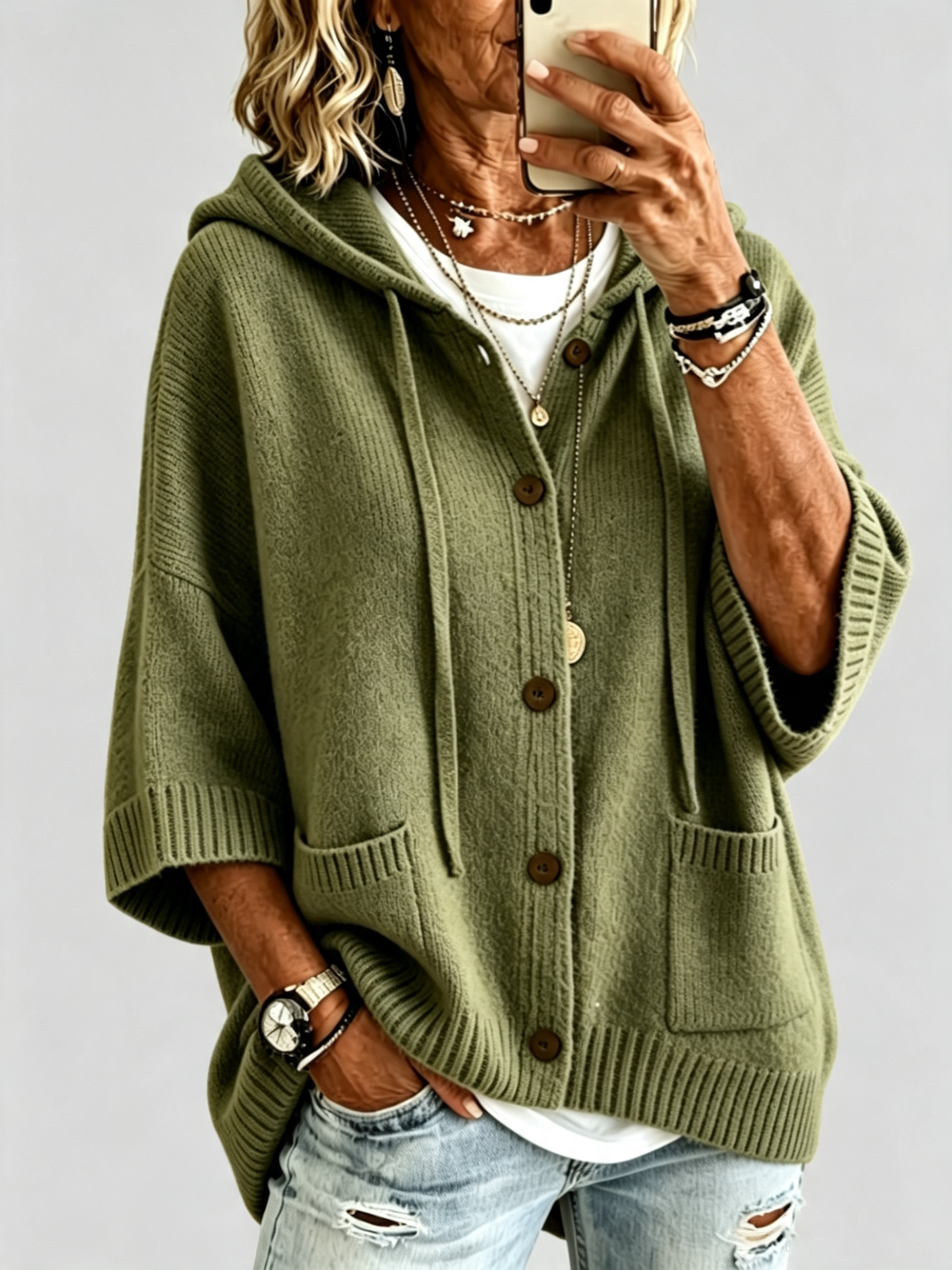 Women's Hooded Knit Cardigan Sweater – Button Front Cozy Oversized Layering Jacket