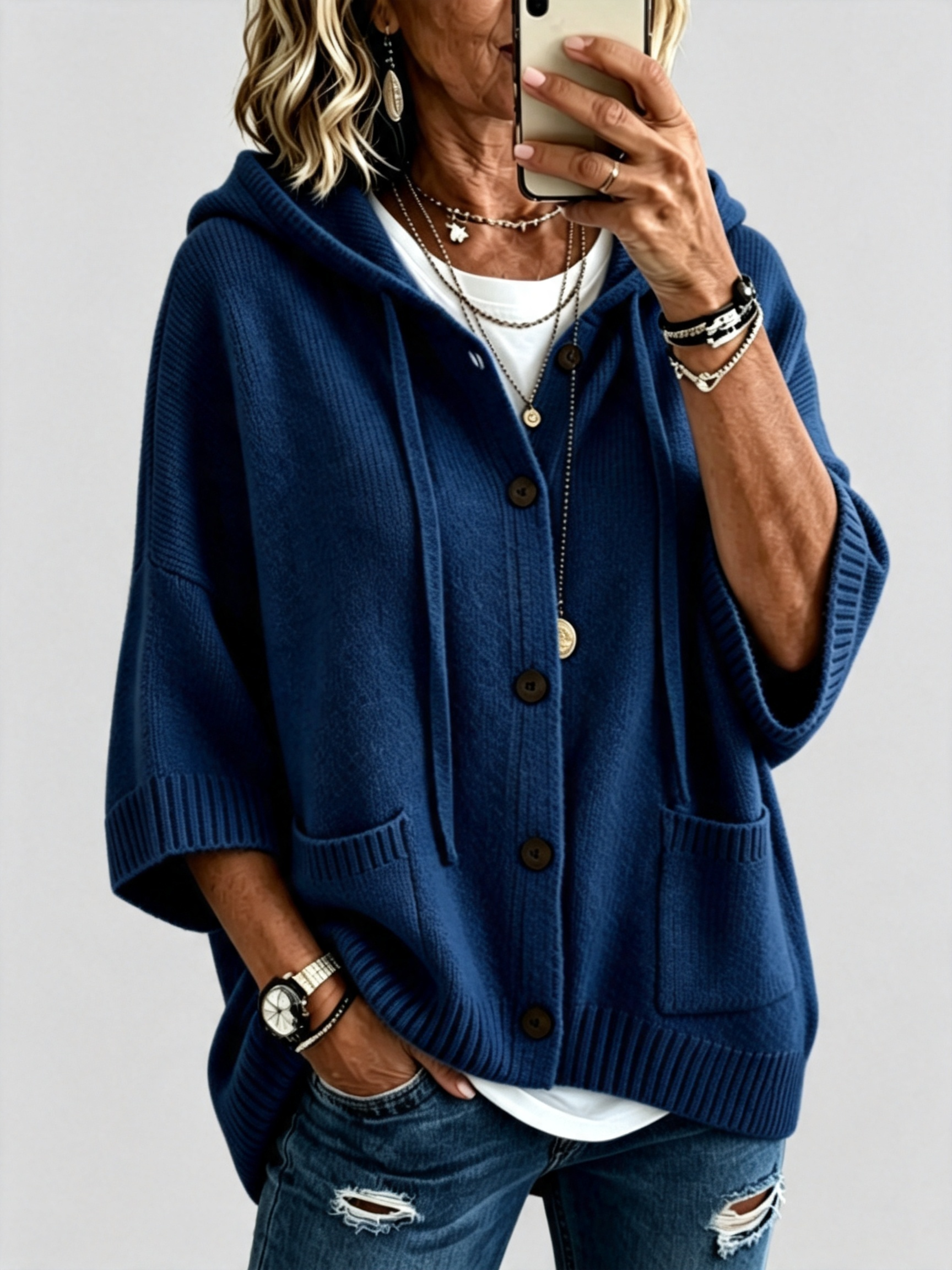 Women's Hooded Knit Cardigan Sweater – Button Front Cozy Oversized Layering Jacket