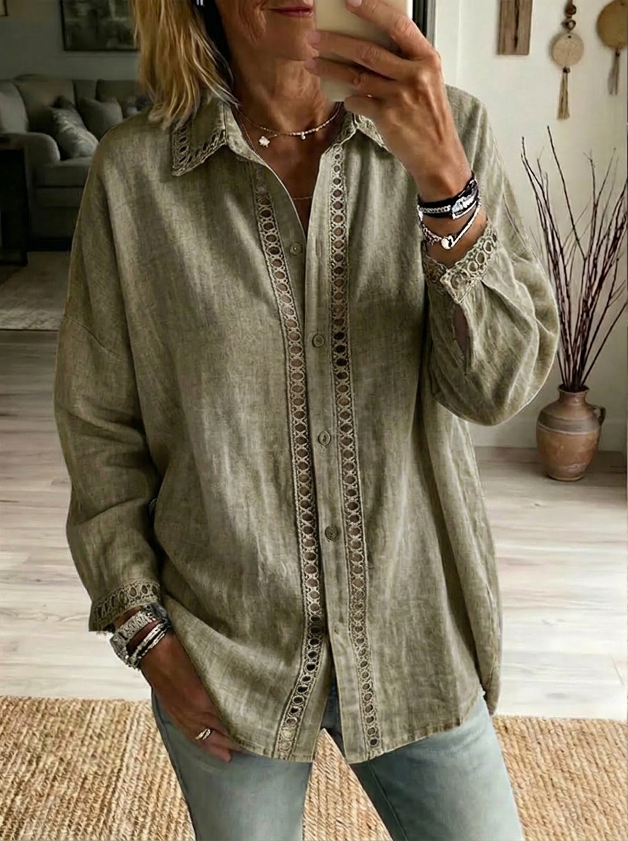 Denim-Style Cutout Lace Detail Button Shirt