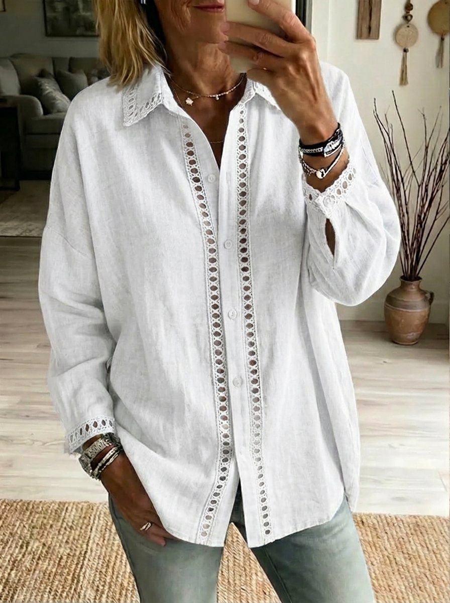 Denim-Style Cutout Lace Detail Button Shirt