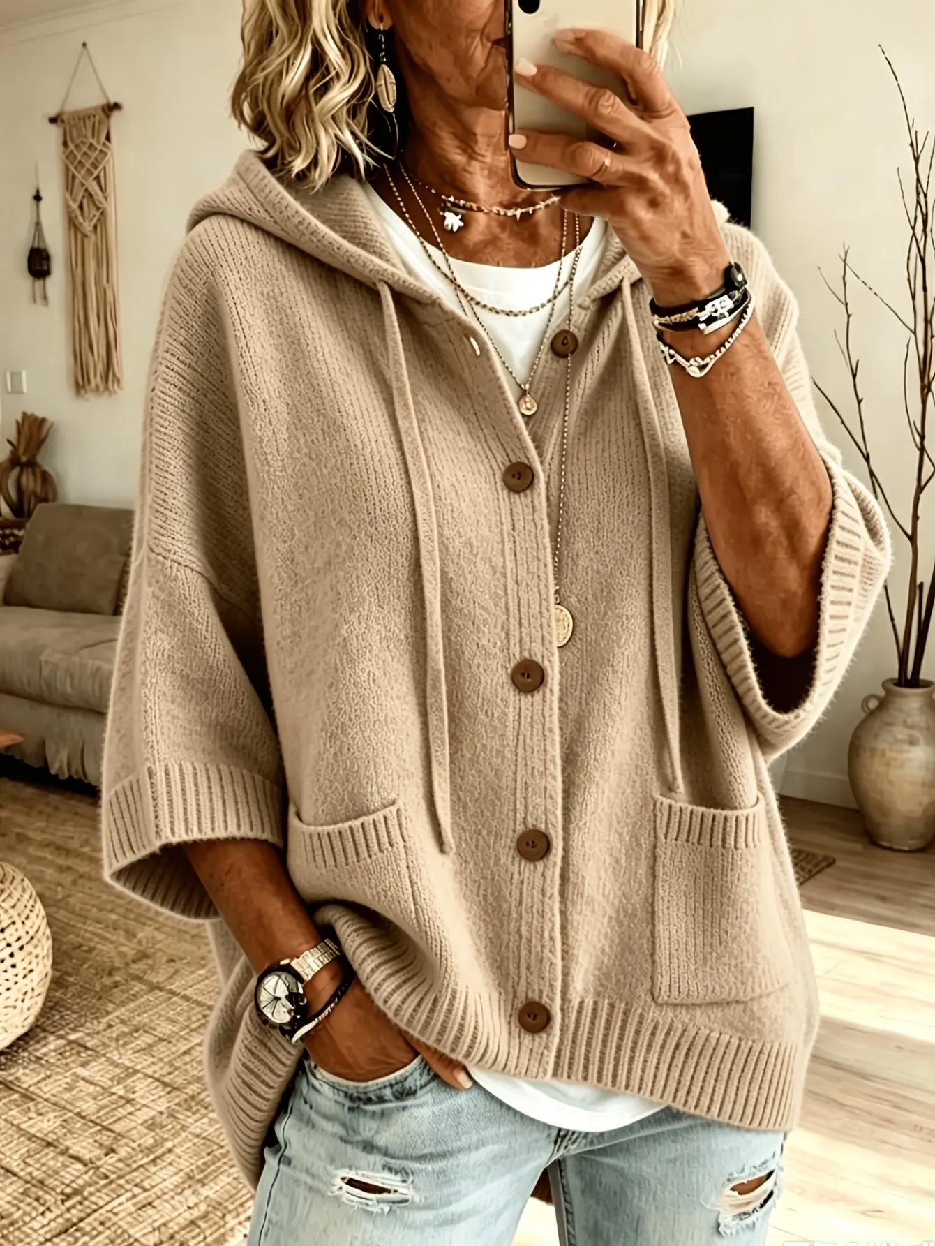 Damen Strickjacke mit Kapuze – Lockerer Cardigan mit Knopfleiste für Alltag & Freizeit