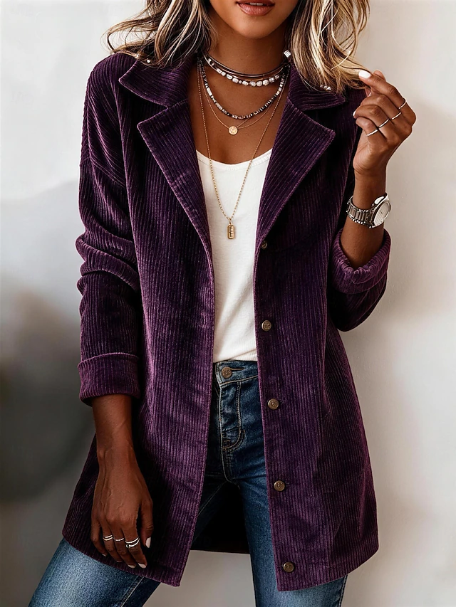 Women's Long Coat Blazer Corduroy Jacket Lightweight Buttons Elegant Modern Solid