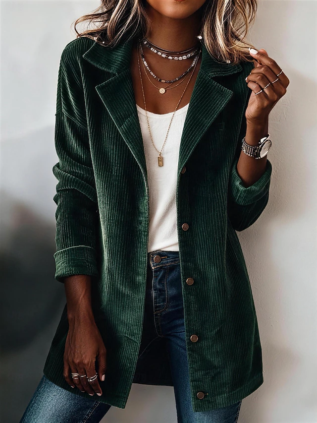 Women's Long Coat Blazer Corduroy Jacket Lightweight Buttons Elegant Modern Solid