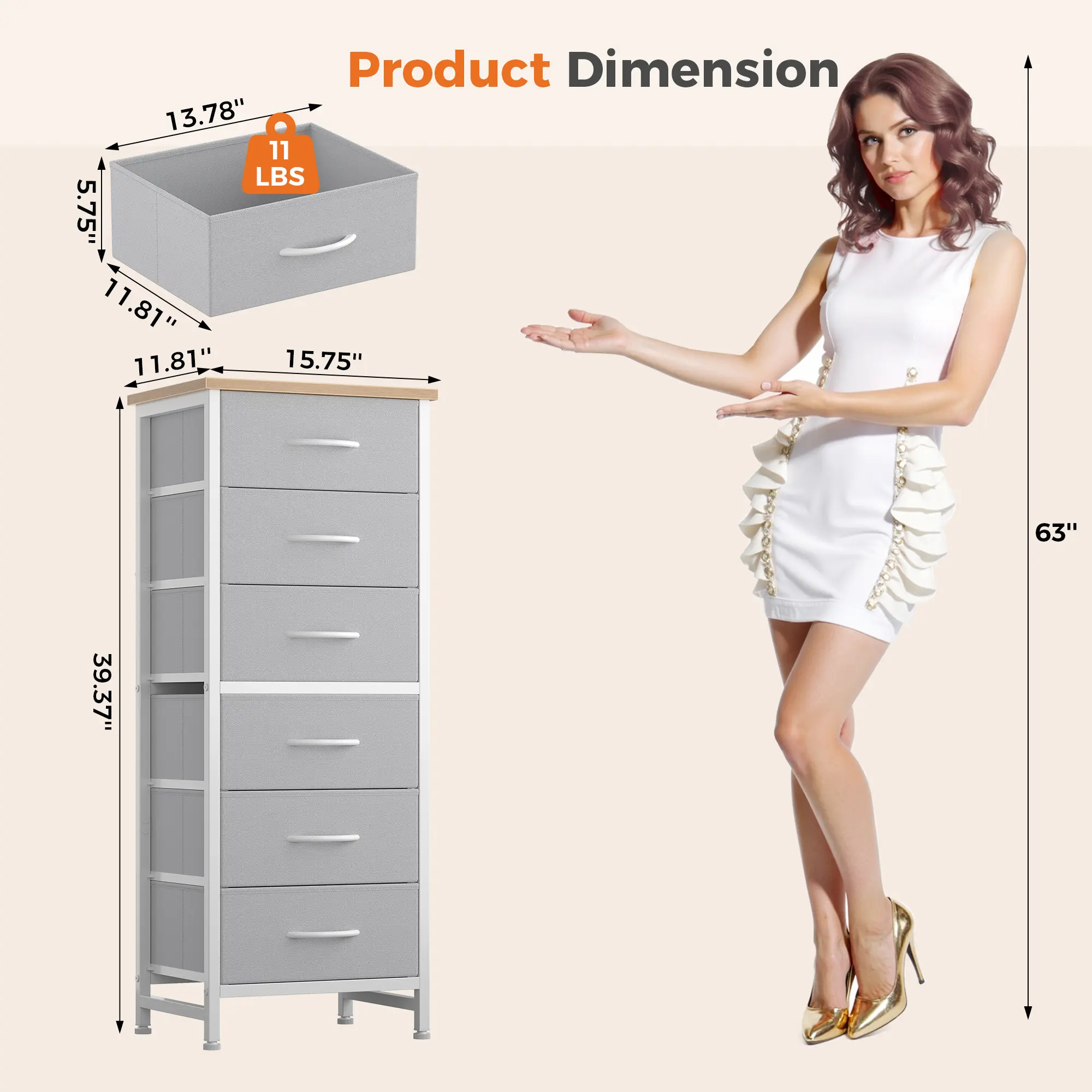 Sweetcrispy - Cómoda de Tela Alta para recámara, cómoda Delgada de 6 cajones, Torre de Almacenamiento Estrecha con Tapa de Madera y Marco de Metal, mesita de Noche Vertical para clóset, Muebles de