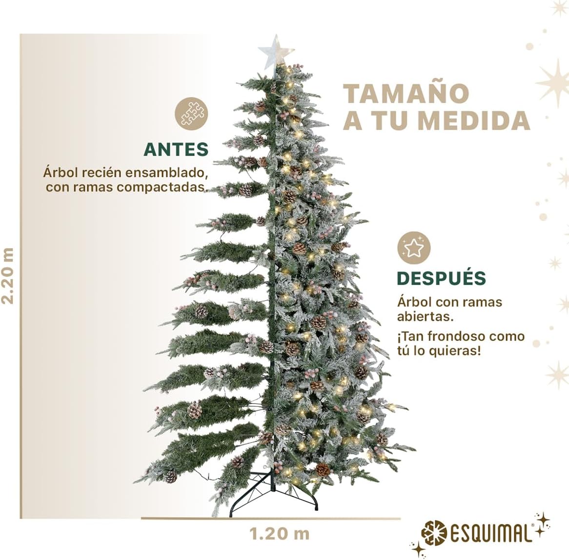 ESQUIMAL Árbol de Navidad Nevado con Luces LED 8 Modos de Iluminación + Estrella + Piñas + Bayas Rojas (1.80 m)