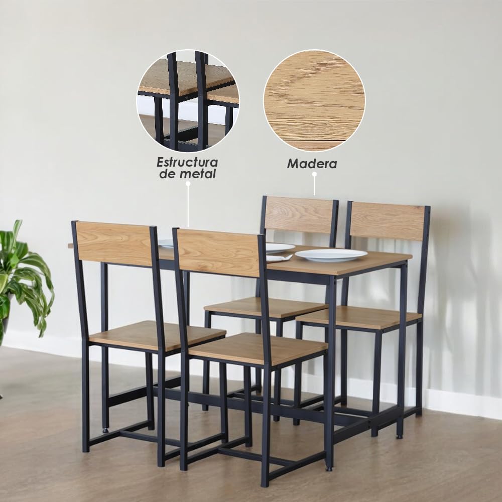 Juego de Comedor Industrial de Madera y Metal | Mesa con Sillas o Bancas | Set para 2 o 4 Personas (4 Sillas - Set para 4 Personas)