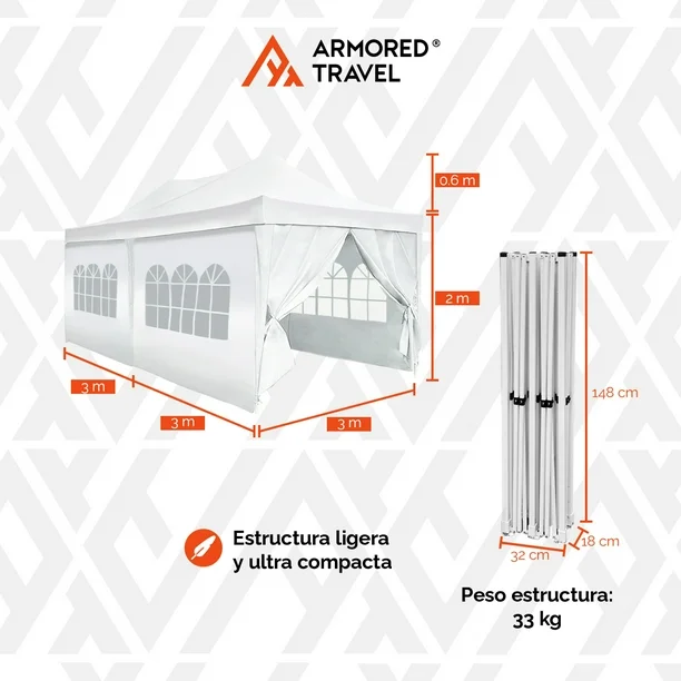 Toldo con paredes Carpa plegable retráctil 3x6 m para jardín eventos Armored Travel Reforzado + maleta