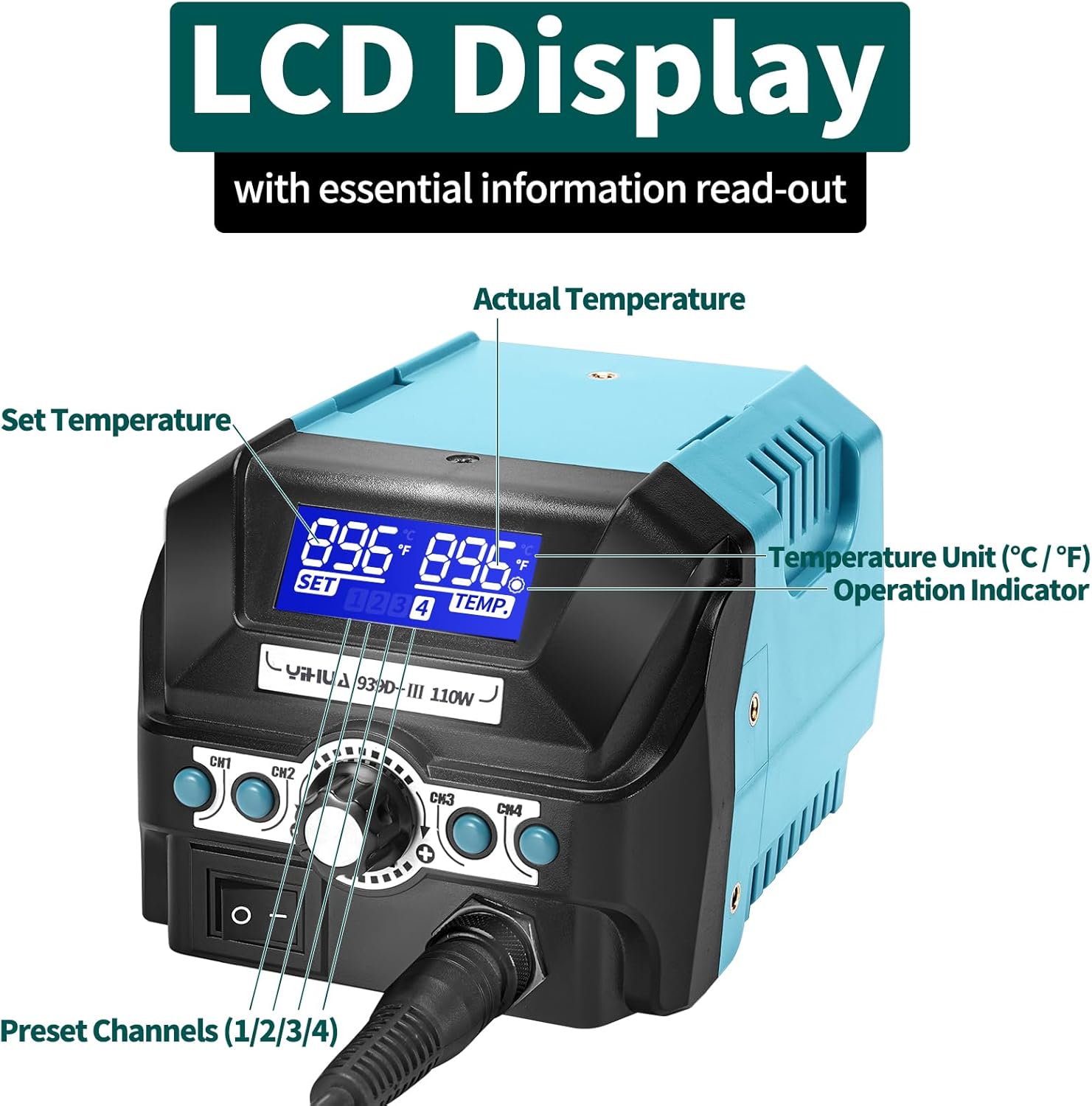 YIHUA 939D+ III EVO Kit de estación de soldador digital de 110 W de alta potencia con visualización LCD, 4 canales de memoria, modo de suspensión, calibración digital, cable de soldadura, manos