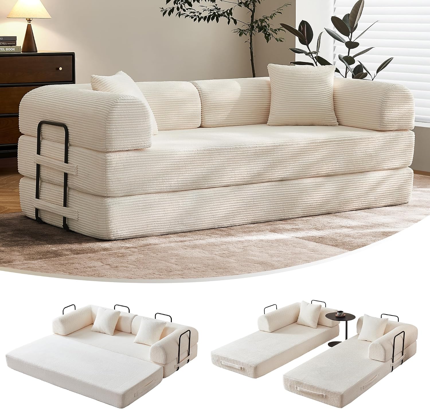 🛋️ Sofá Cama Convertible 79 Pulgadas, Diseño Deshuesado, Mueble Multifuncional para Sala de Estar, Colores Beige y Blanco