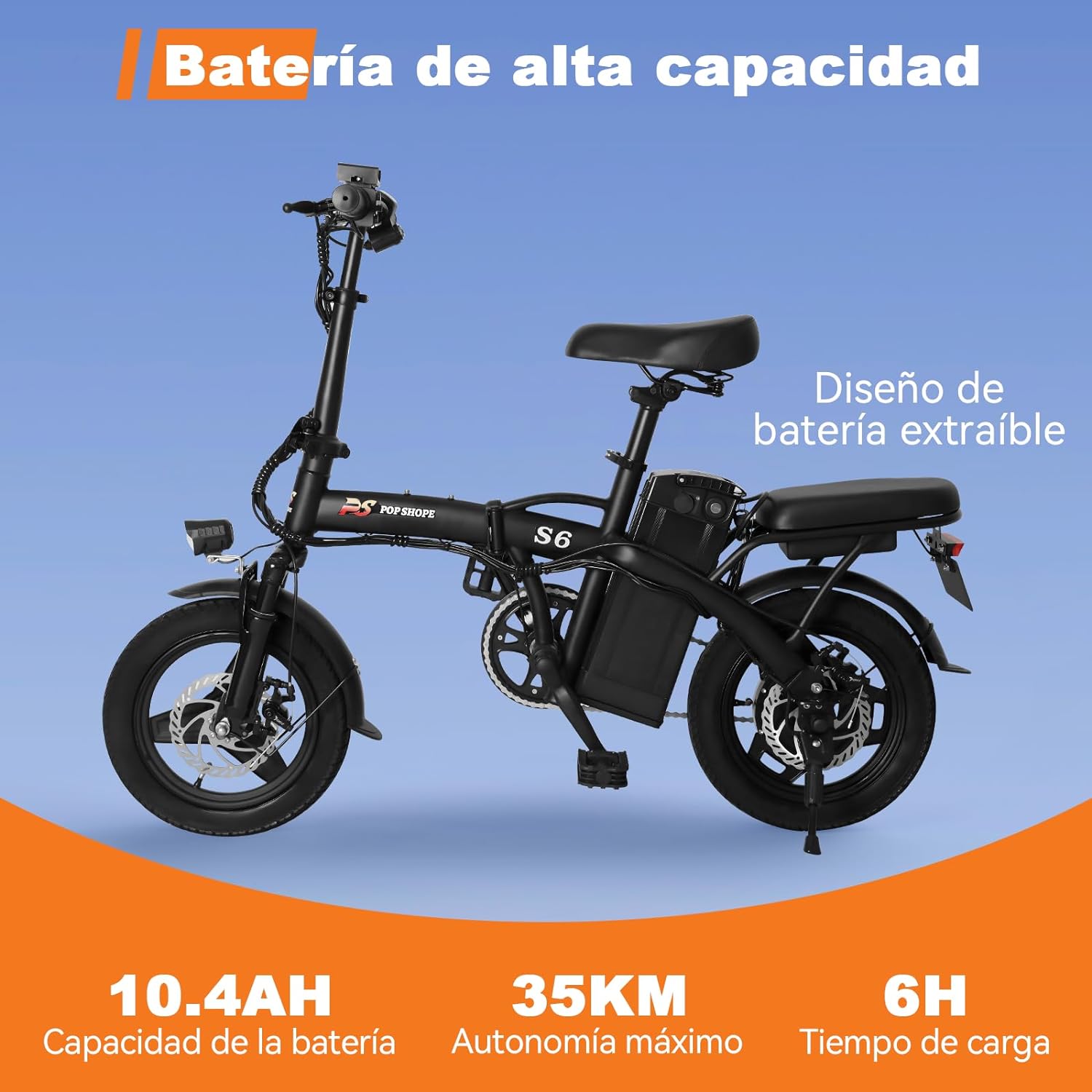 Pop Shope S6 Bicicleta Eléctrica Plegable para Adultos, Velocidad Máxima 35KM/H, Potencia Máxima del Motor 750W, Autonomía 35KM, Batería 48V/10.4AH