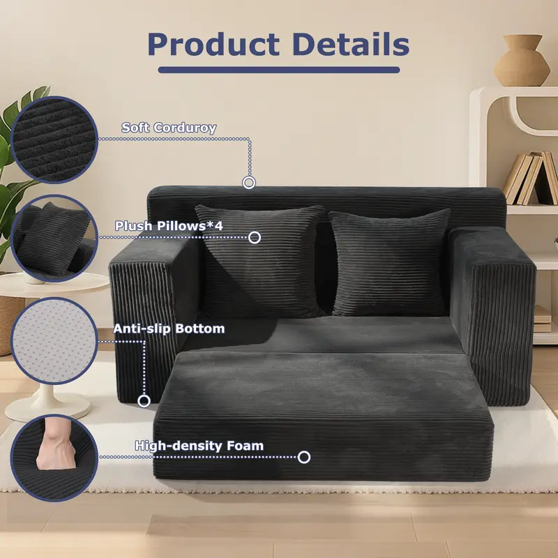 Sofá Cama Convertible 3 en 1 Winzoo Modelo de Suelo: Sillón Extragrande, Sofá 2 Plazas, Chaise Longue Plegable Futón, Incluye 4 Cojines para Sala