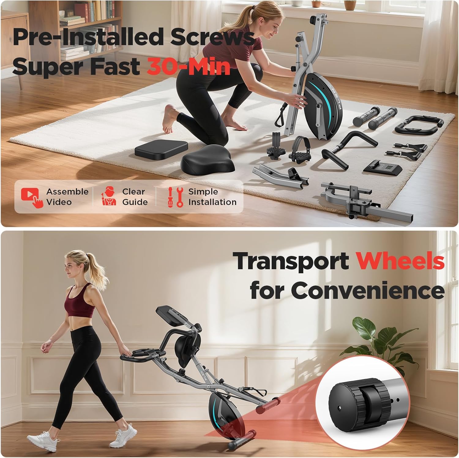 Pleny Folding Exercise Bike, 5 IN 1 Stationary Bike 5.5 LBS Flywheel Exercise Bike, Indoor Workout Bike 330LB Weight Capacity Back Support Cushion for Home Gym Workout