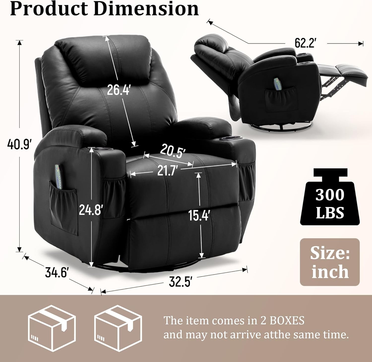 Korser Silla reclinable con masaje y calor, sillas reclinables giratorias de 360° para adultos, reclinables manuales con control remoto y soporte para tazas para sala de estar, recámara, guardería