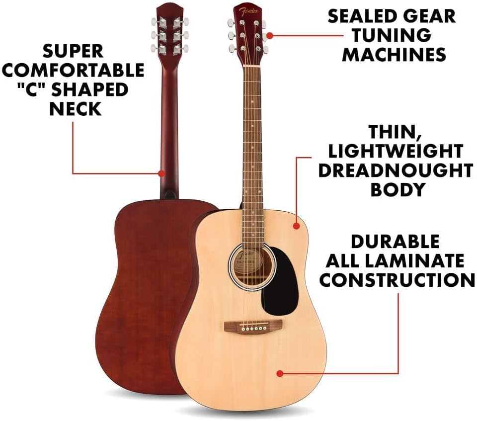 Fender Alternative Series Dreadnought Kit de guitarra acústica para principiantes, con 2 años de garantía, incluye bolsa acolchada para conciertos, soporte para guitarra, correa de guitarra y más