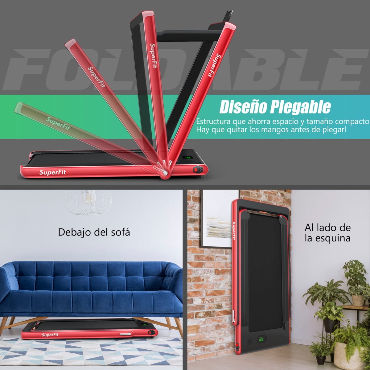 Costway Caminadora Plegable 2 en 1 Eléctrica Portátil 2,25 HP 12 Km/h con Altavoz Bluetooth Mando Pantalla LED App Control para Casa Rojo Costway Modern