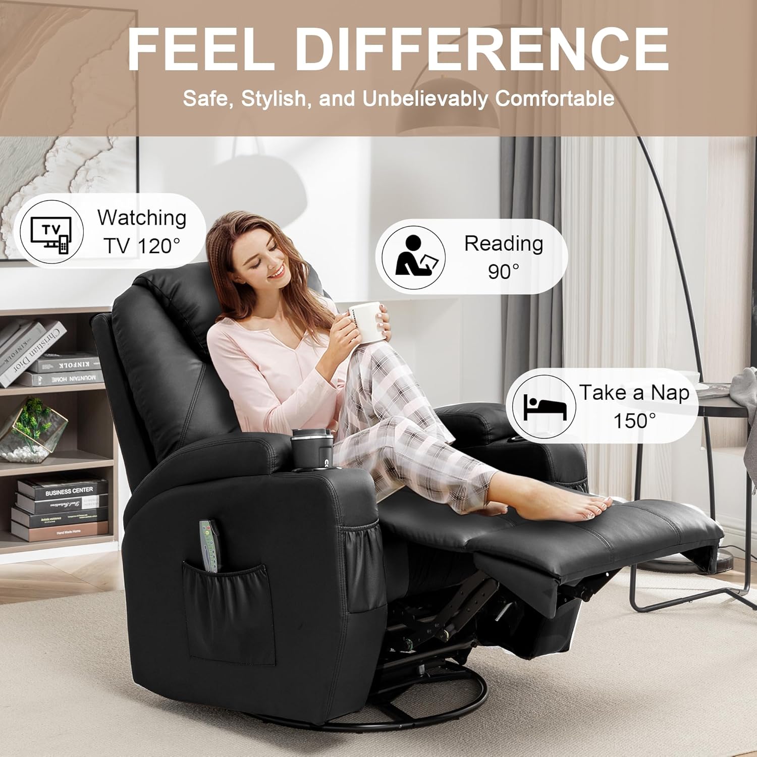 Korser Silla reclinable con masaje y calor, sillas reclinables giratorias de 360° para adultos, reclinables manuales con control remoto y soporte para tazas para sala de estar, recámara, guardería
