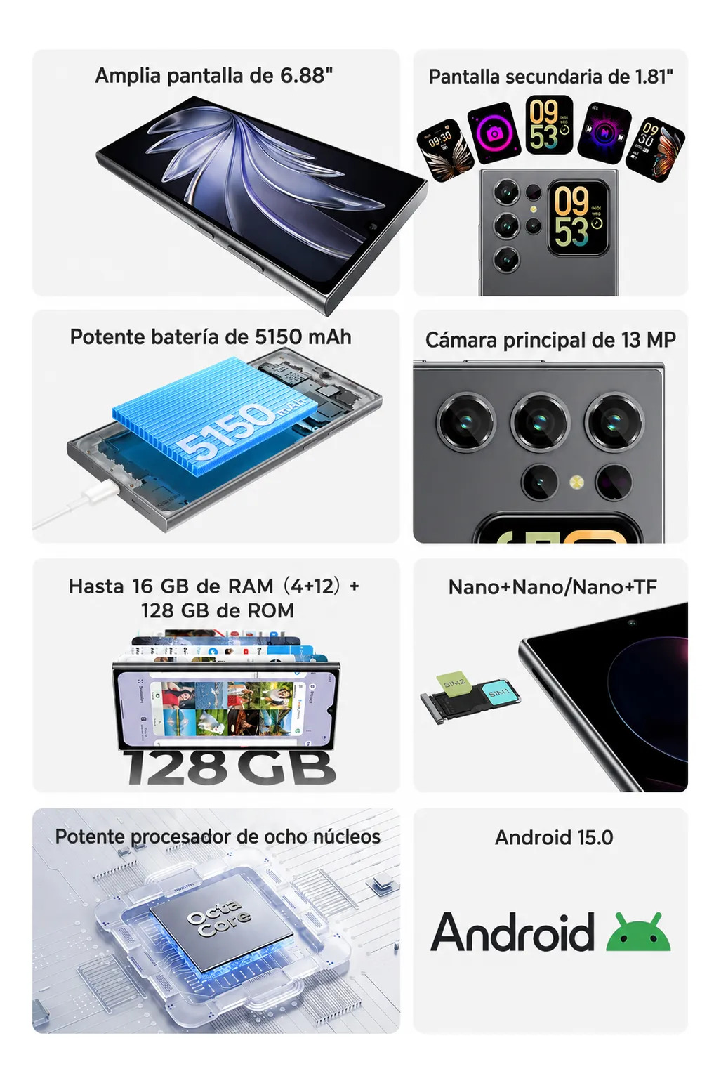 Smartphone Libre 16GB RAM + 256GB ROM, Batería 5150mAh, Android 15, OTG, Huella Dactilar y GPS