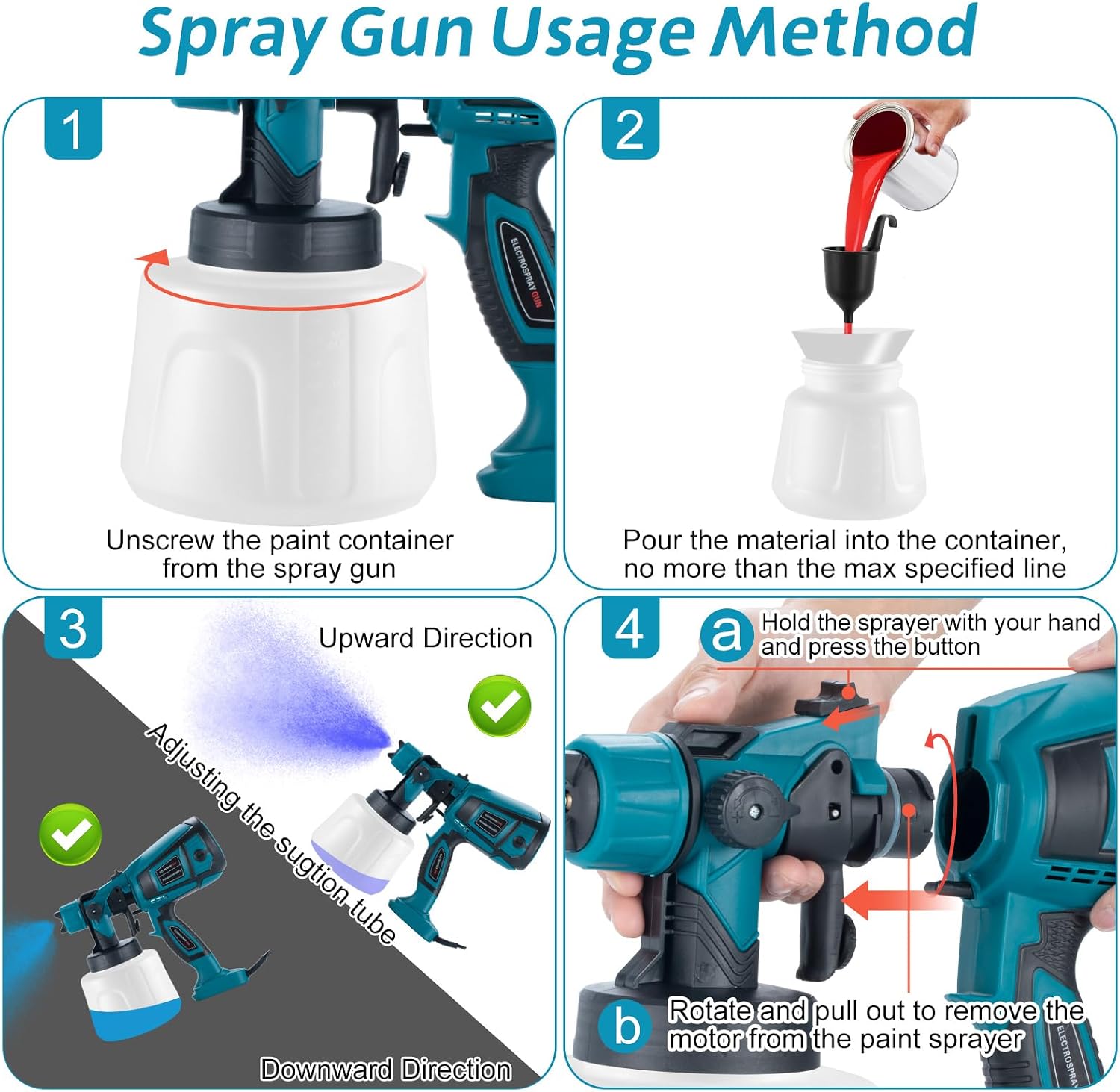 Pistola de Pintura, 800W Pistola para Pintar Eléctrica con Recipiente de 1400ml, Pulverizador de Pintura Multipropósito con 3 Modos de Pulverización y 4 Boquillas para Casas, Paredes, Muebles, Cercas