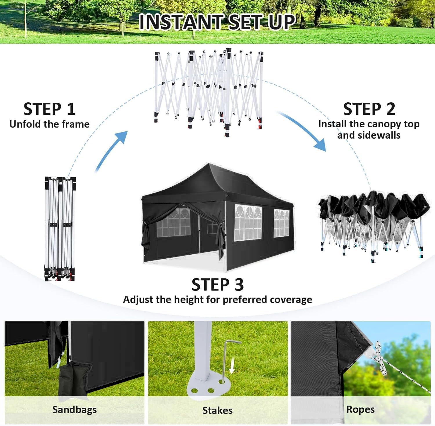 TOOLUCK Canopy - Tienda de campaña desplegable de 10 x 20 pulgadas con paredes laterales, toldo comercial impermeable Ez para exteriores, protección UV de 50 + refugio para eventos, tiendas de campaña