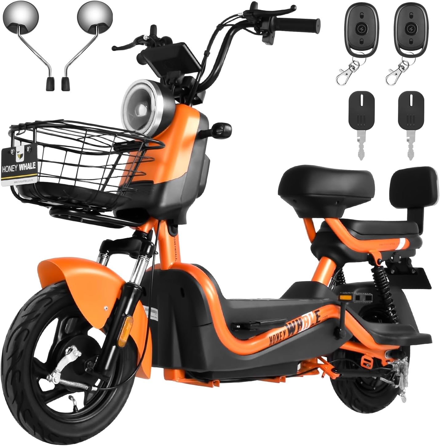 HONEYWHALE U3s Bicicleta eléctrica para adultos, bicicleta eléctrica con alarma, motor máximo 650W, velocidad máxima 31KM/H, autónoma 55-60KM, batería de gran capacidad 20AH, dos asientos----luces de coche