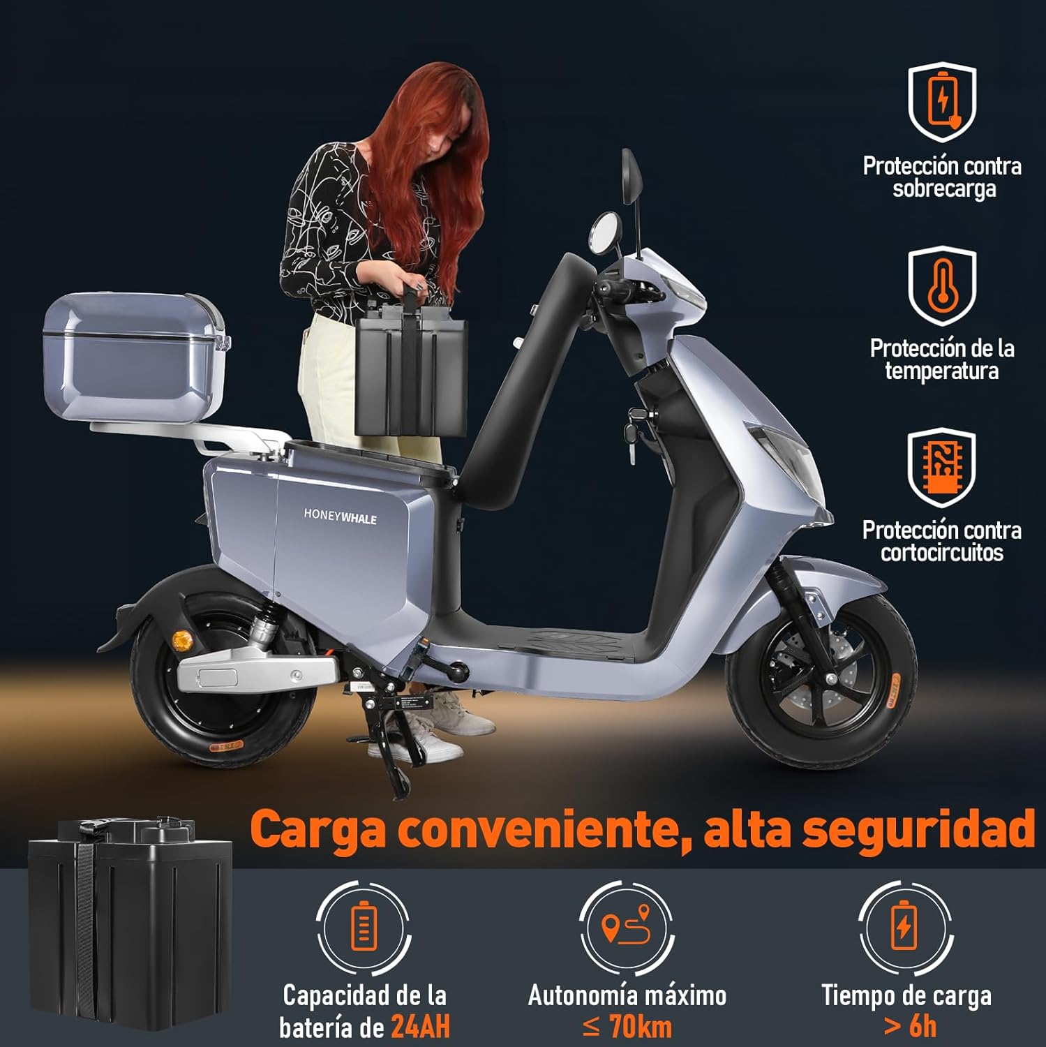 HONEYWHALE i009 Moto Bicicleta Electrica para Adultos, Scooter Inteligente con Batería de Litio Extraíble de 24AH, 800W Motor, Velocidad Máxima 50KM/H, Autonomía 70KM, Sistema Antirrobo