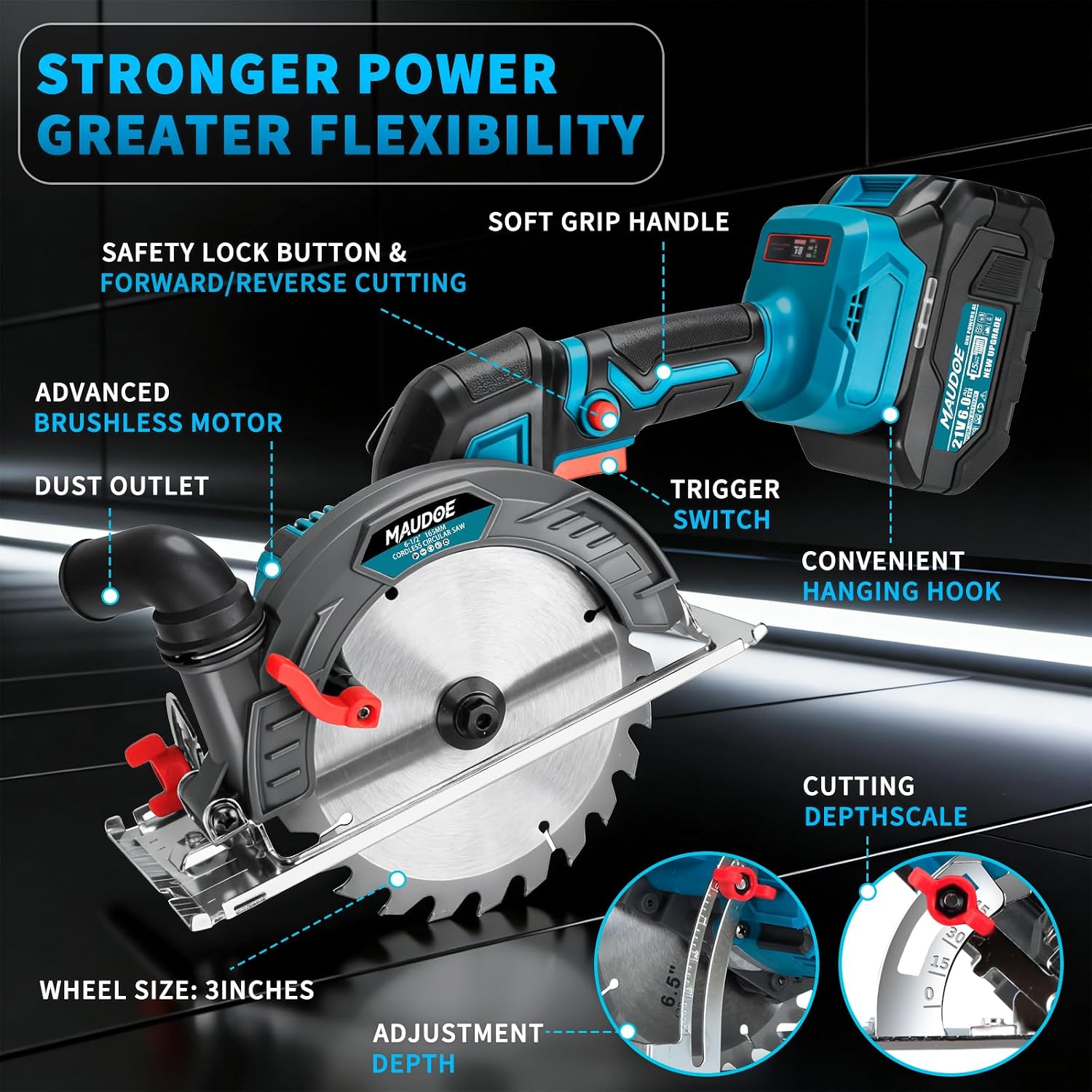 🛠️🔥Sierra Circular Inalámbrica 21V de 6.5 Pulgadas, 2 Baterías 4.0Ah 15 Celdas con Cargador Rápido, 3 Cuchillas de Carburo y Accesorios, Guía Láser, Bisel Ajustable 0‑50° y Ajuste de Profundidad para Corte de Madera