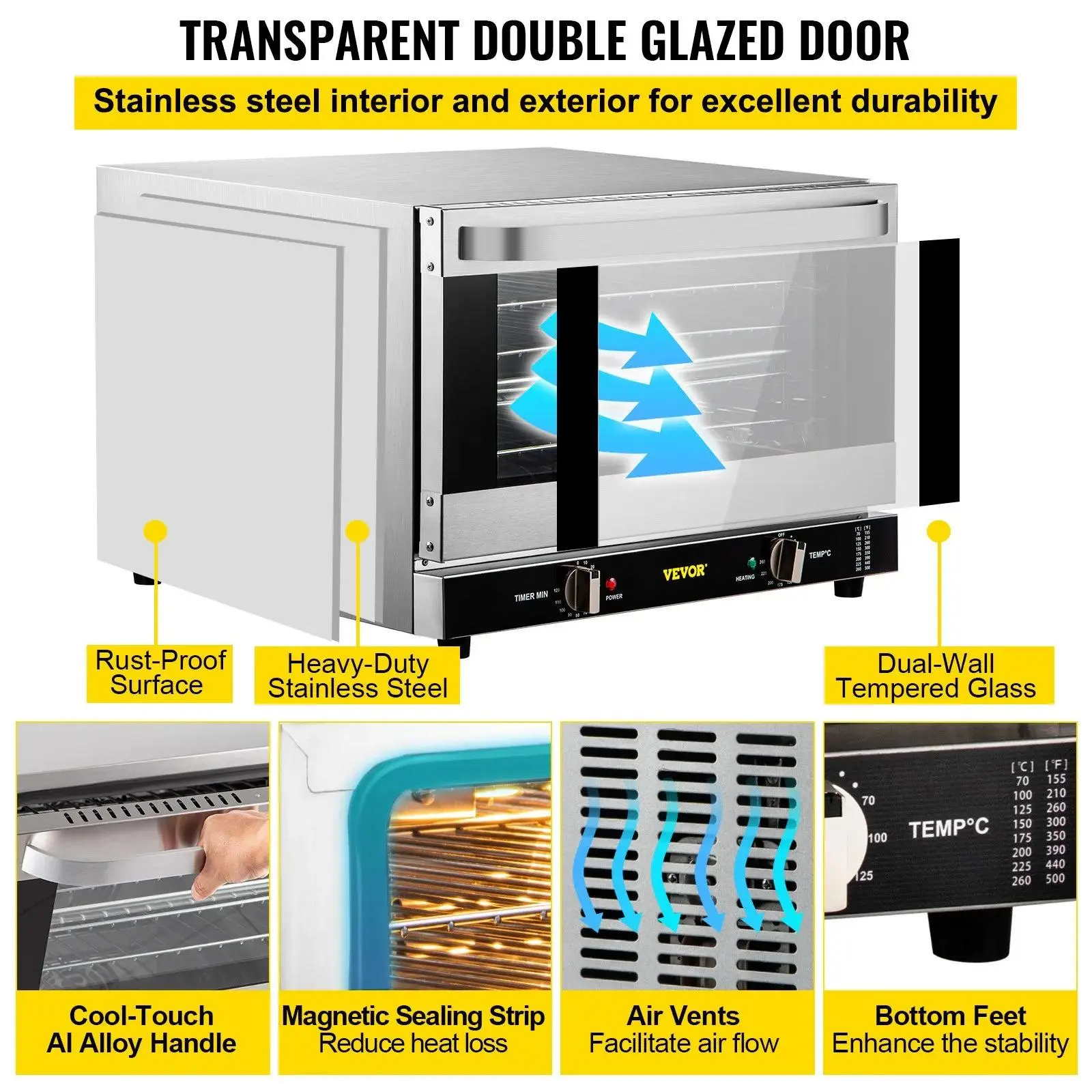 👨‍🍳🍞Horno de convección comercial, 66 L (60 cuartos de galón), 🍕tamaño compacto (half-size) para encimera, 1800 W, 4 niveles, puerta frontal de vidrio, horno eléctrico para hornear con bandejas, rejillas, pinzas y guantes, 120 V, certificado ETL.
