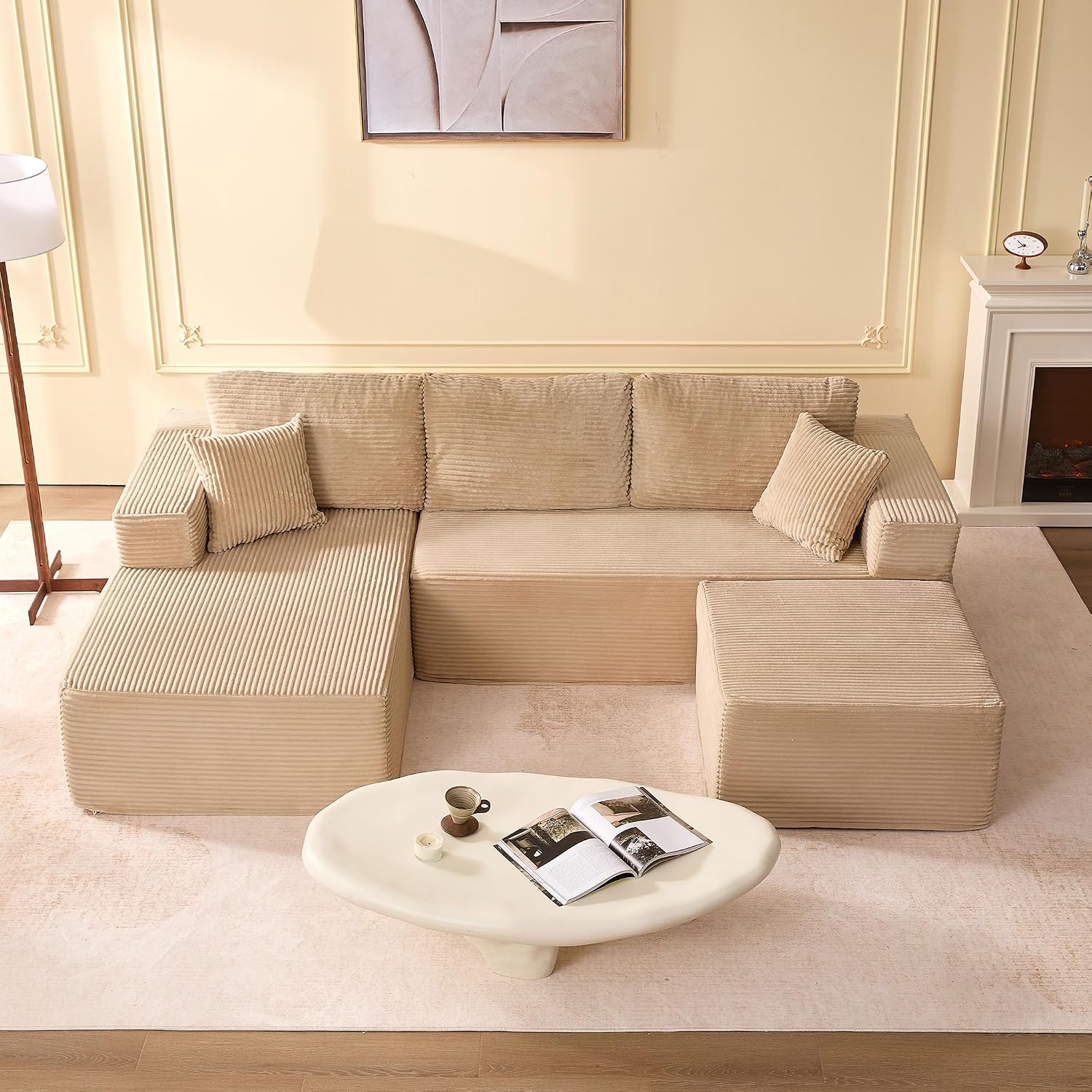 🛋️ Afuson Sofá Modular Seccional en Forma L de 107 Pulgadas, Asiento Profundo, Tapicería de Pana, Sin Montaje, Diseño Deshuesado para Sala de Estar