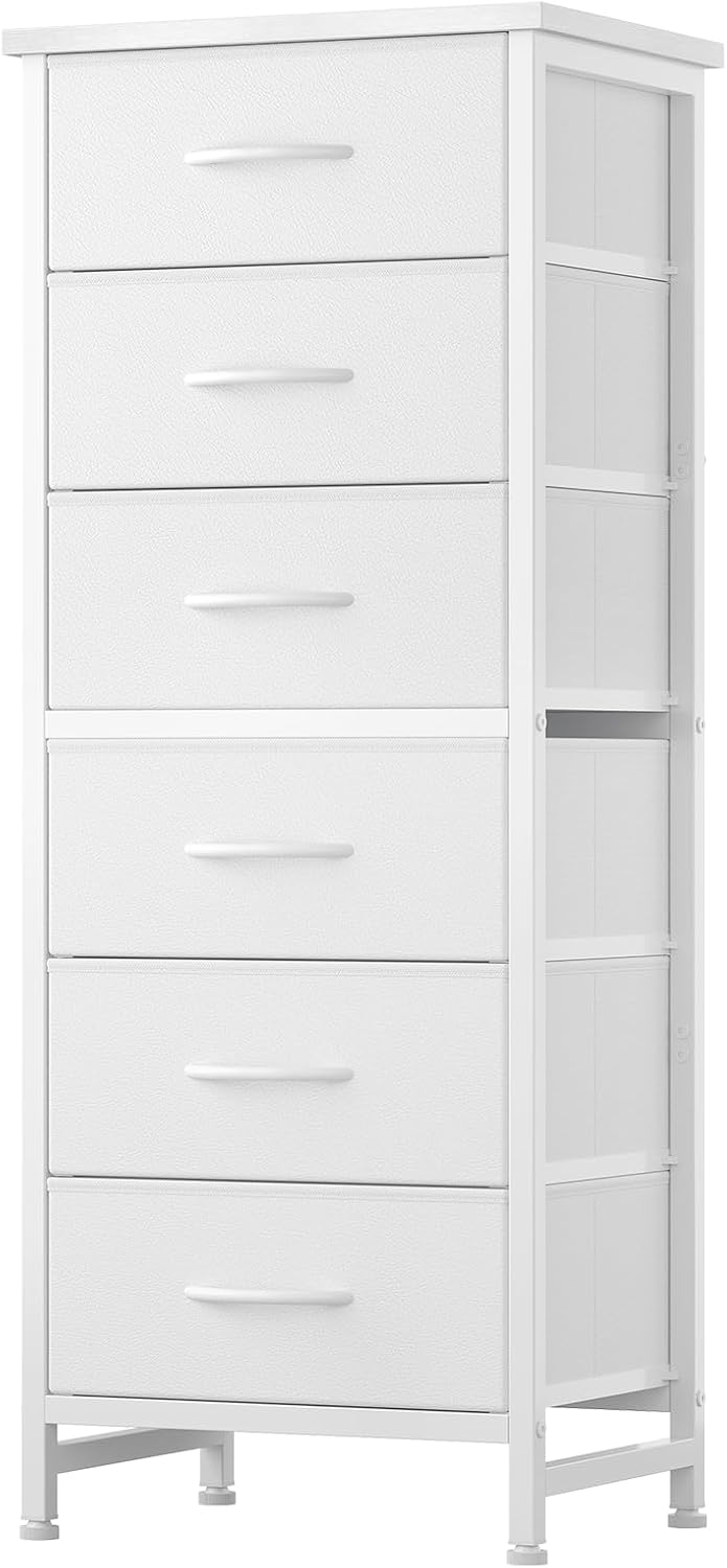 Sweetcrispy - Cómoda de Tela Alta para recámara, cómoda Delgada de 6 cajones, Torre de Almacenamiento Estrecha con Tapa de Madera y Marco de Metal, mesita de Noche Vertical para clóset, Muebles de