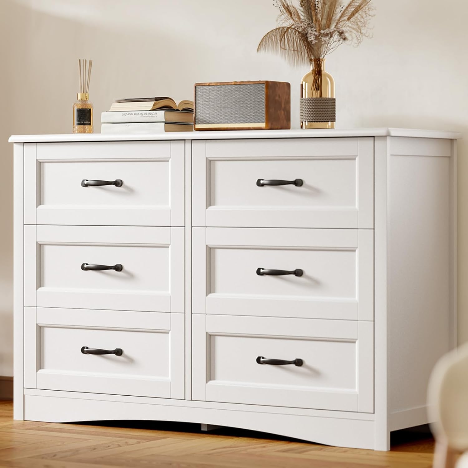 Gizoon - Cómoda de 6 cajones para recámara, cómoda de 47 pulgadas más grande con asa mental para habitación de niños, cómoda blanca con 6 cajones de almacenamiento para sala de estar, entrada y