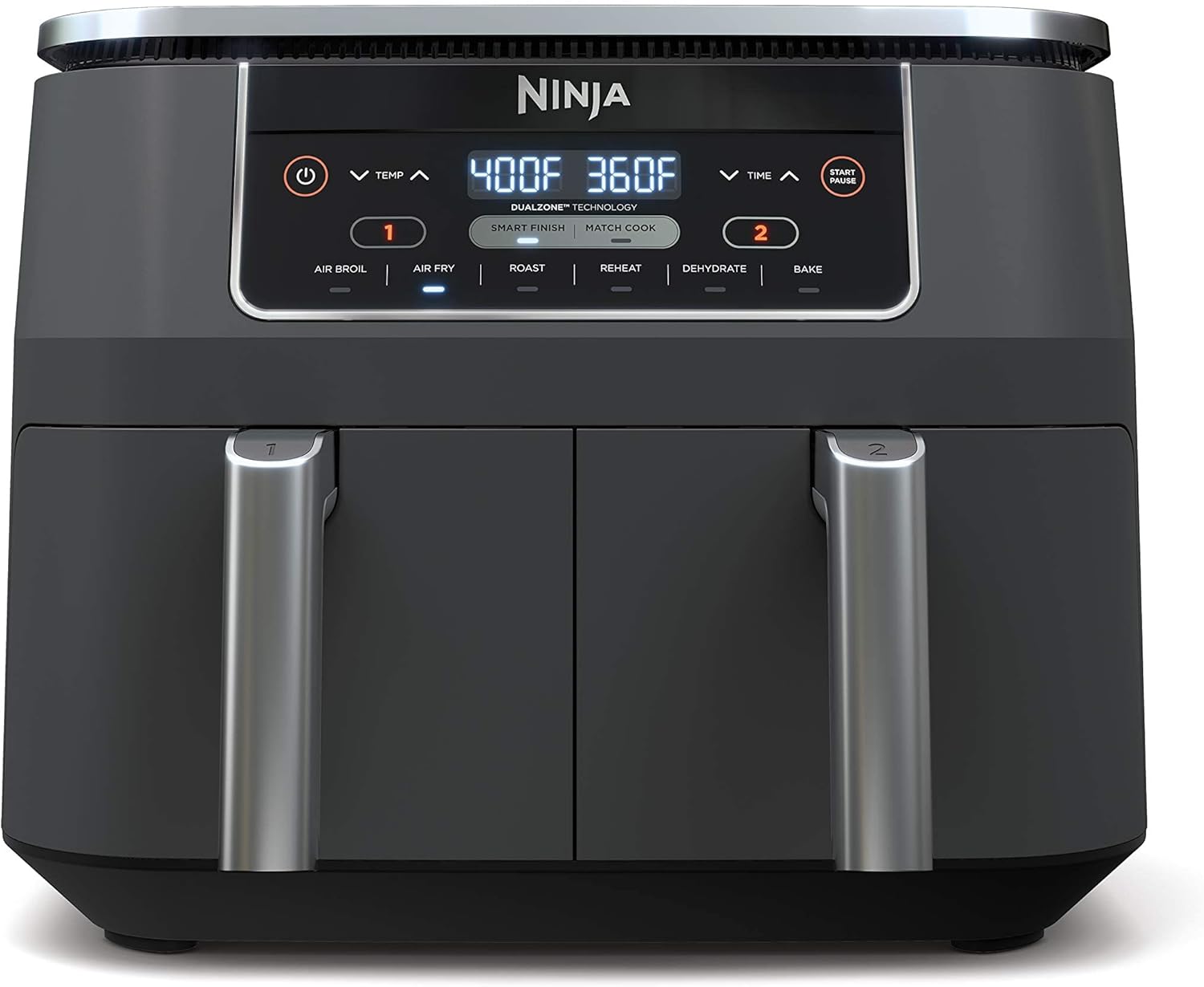 NINJA, Freidora de Aire Foodi, 8 QT, 6 en 1, DualZone, Con 2 Cestas Independientes para Freír, Match Cook y Smart Finish para Asar, Deshidratar y más para comidas rápidas y fáciles, Gris, DZ201