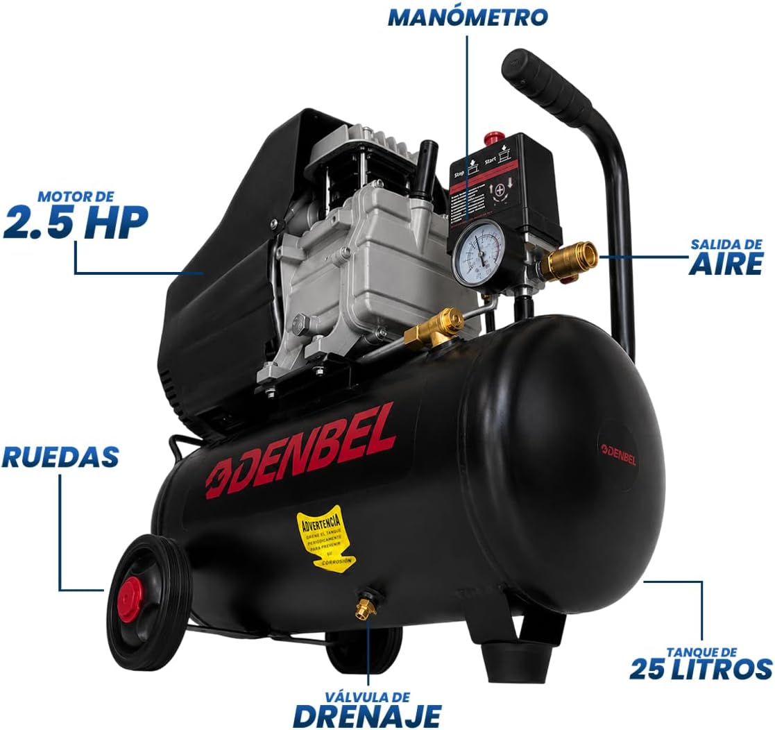 Compresor de Aire Eléctrico 25L 2HP 110V Monofásico Tanque Portátil para Taller y Herramientas Neumáticas
