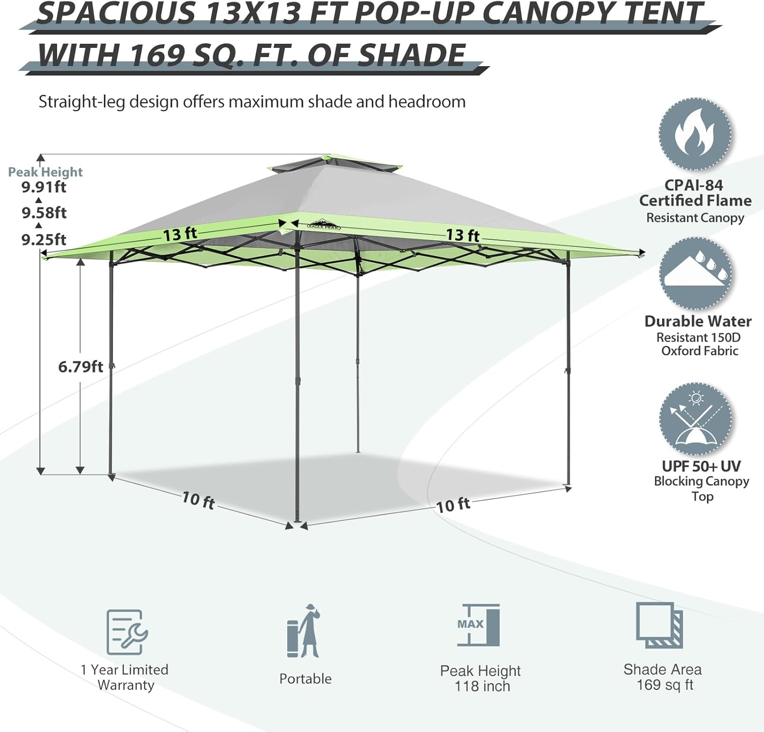 EAGLE PEAK - Toldo desplegable de pierna recta de 13 x 13 pulgadas, toldo instantáneo para exteriores, fácil instalación para una sola persona, refugio plegable con aleros de extensión automática, 169 pies cuadrados de sombra (gris)