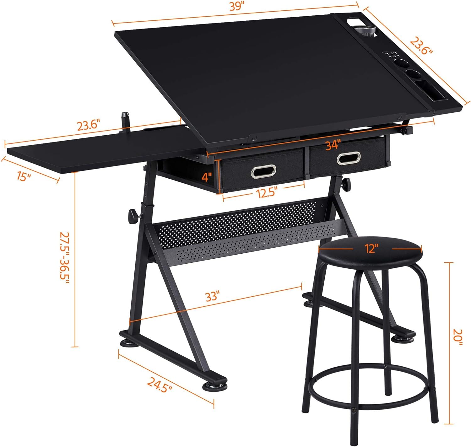 Yaheetech - computadora de arte blanco ajustable en altura para adultos, mesa inclinable de dibujo con computadora extragrande y cajones, juego de mesa y silla plegable para manualidades con taburetes