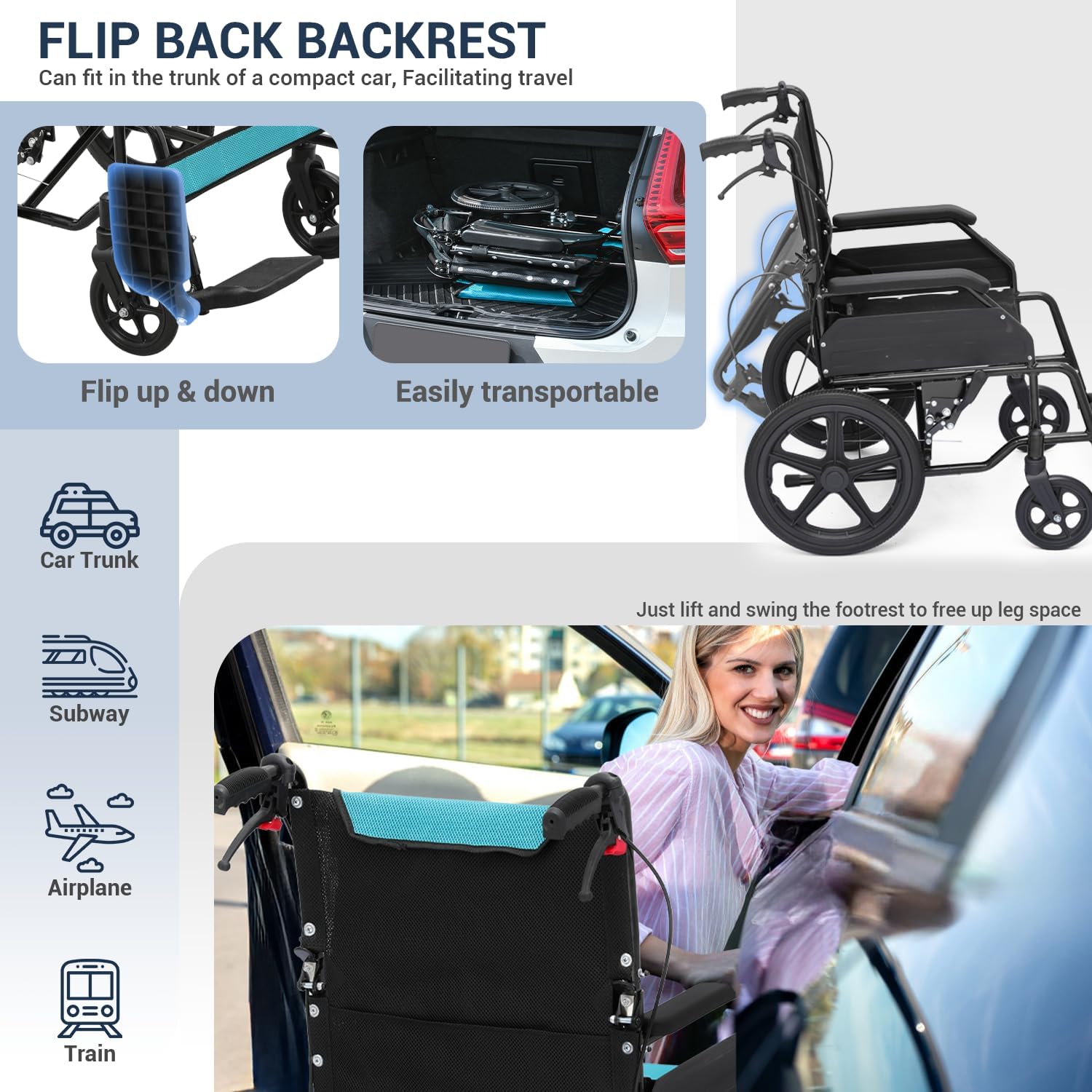 Monicare - Silla de ruedas para adultos con reposapiés abatible y frenos de mano con cierre de bucle, silla de rueda de asiento de 17.5 pulgadas, rueda trasera de 15 pulgadas, ligera, ultraligera,