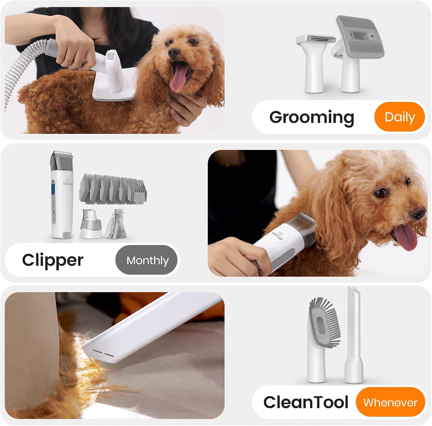 oneisall - Kit de aspiradora y aseo de perros, aspiradora de aseo de mascotas con picadora de uñas, 1.5 l para polvo de 1.5 l con 7 herramientas de aseo de mascotas para perder el pelo de mascotas, limpieza del hogar (gris) (Gris)