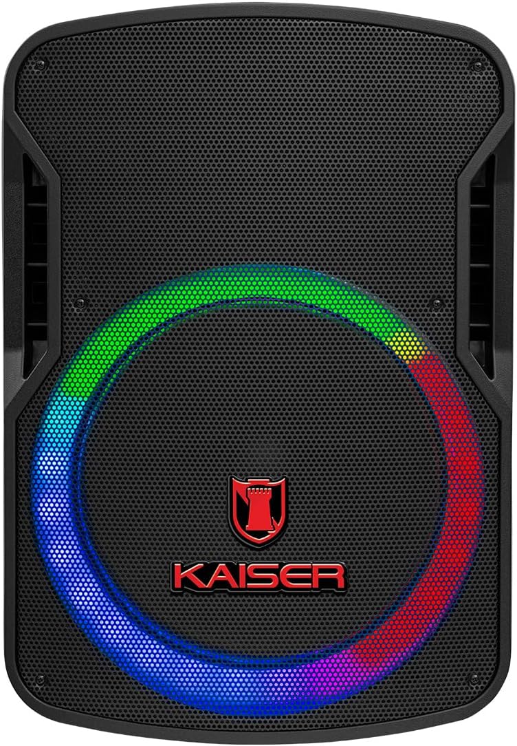 Kaiser Bafle Profesional Recargable, 15” y Potencia de 25,000 W PMPO Color Negro, Bluetooth, micrófono alámbrico y tripié metálico incluídos y Luz LED Multicolor, Tecnología KSR Link LED GEM-9515