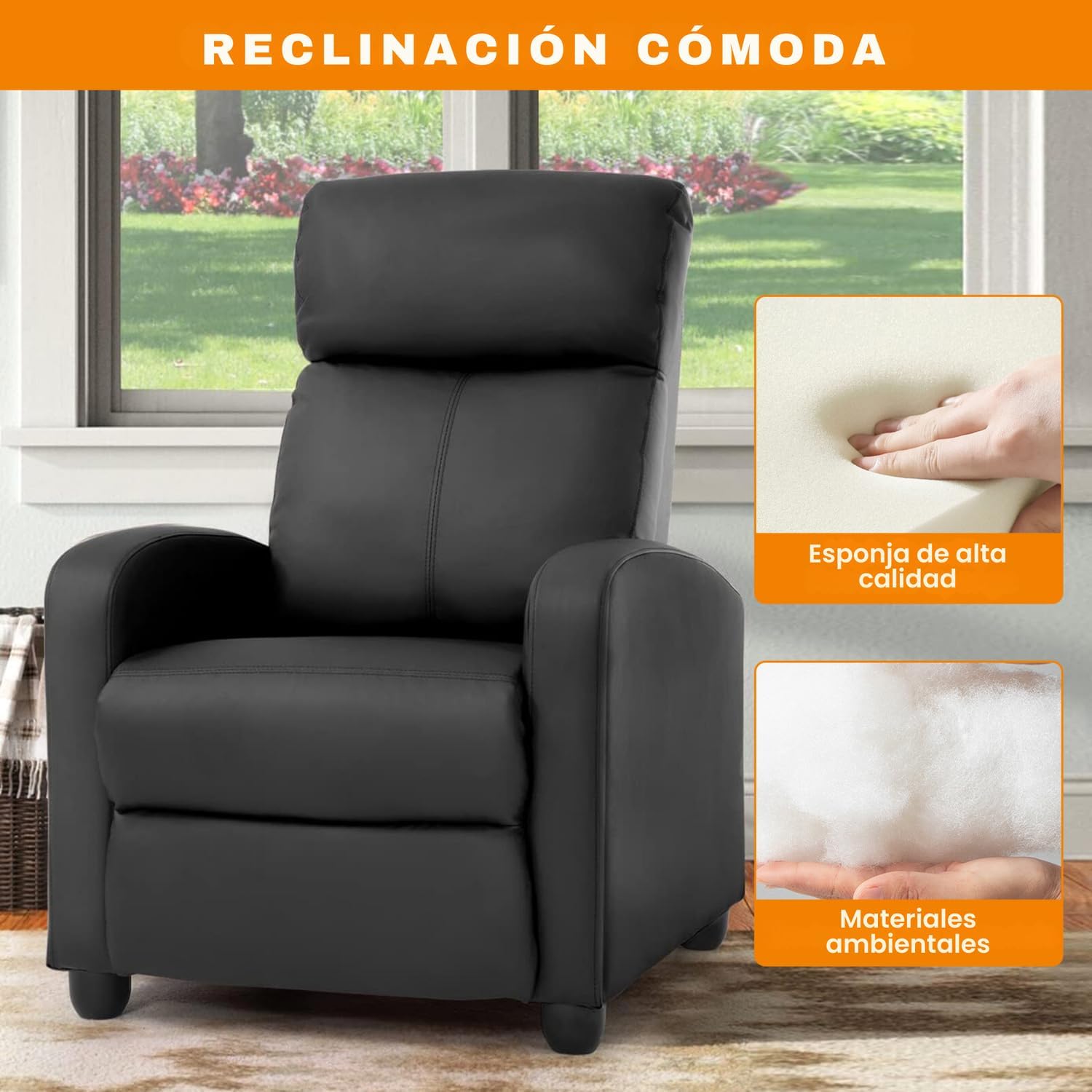 FABATO Sillon Individual - Sillon Reclinable Adultos Tipo Cine 8 Modos de Masaje con Soporte Lumbar, Reposapiés Retráctil y 3 Posiciones - Tu Sofa Adulto de Cuero Ideal para tu casa (Negro)