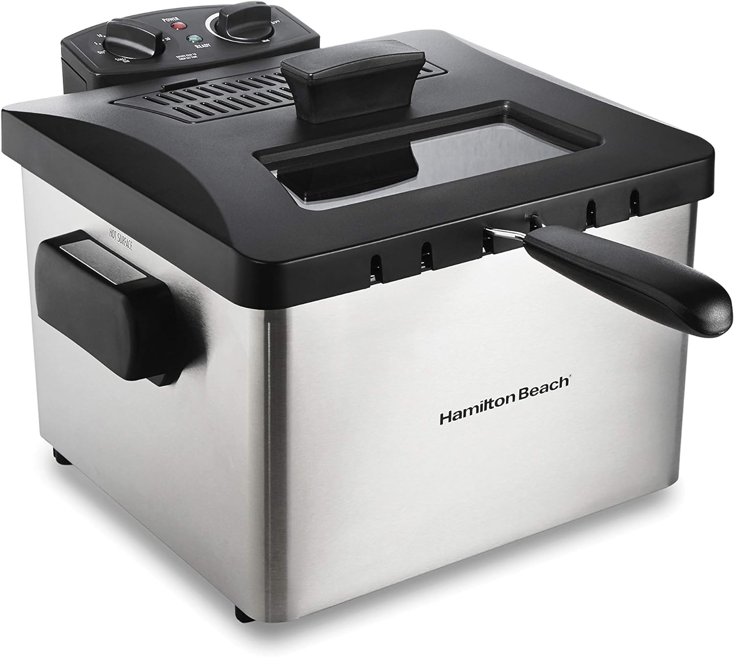 Hamilton Beach Freidora eléctrica de estilo profesional, cesta de freír XL, tapa con ventana de visión, 1800 vatios, 19 tazas/4,5 litros de capacidad de aceite, acero inoxidable (35035A)