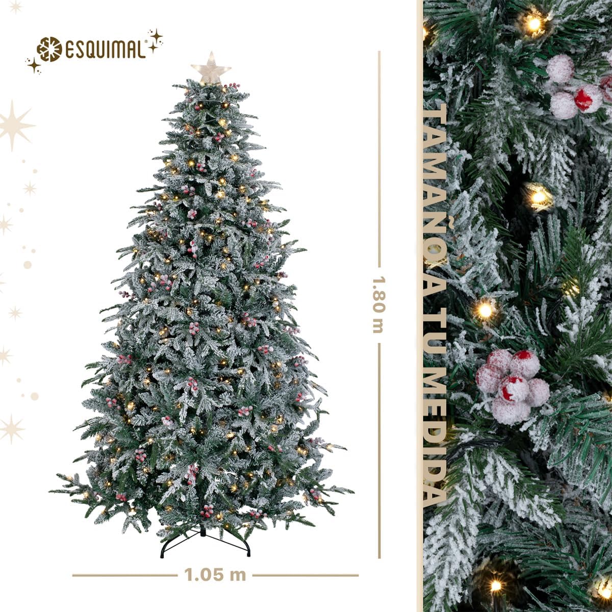ESQUIMAL Árbol de Navidad Nevado con Luces LED 8 Modos de Iluminación + Estrella + Piñas + Bayas Rojas (1.80 m)