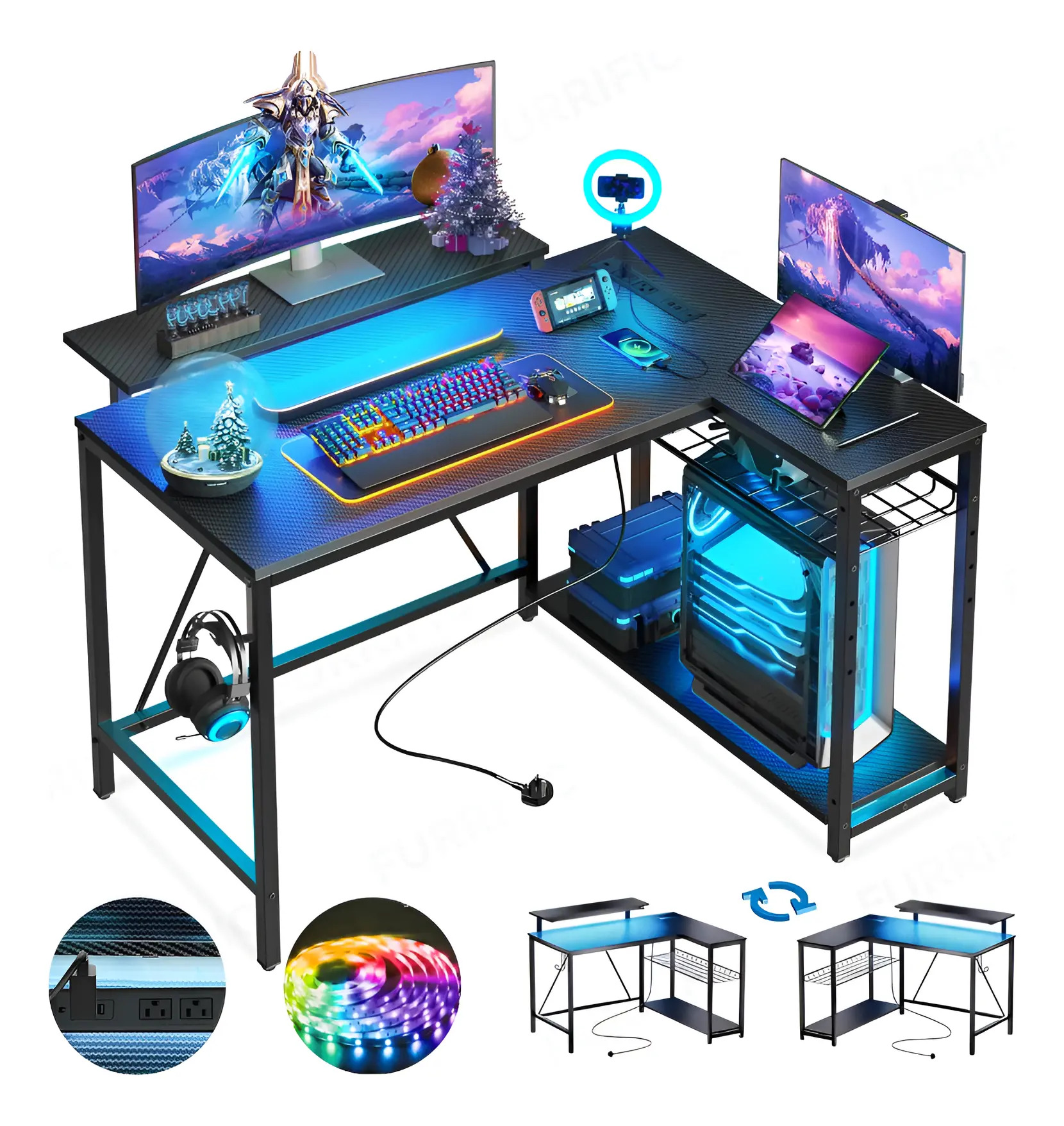 Furrific®escritorio Gamer En L Con Luz Led Y Regleta Enchufe