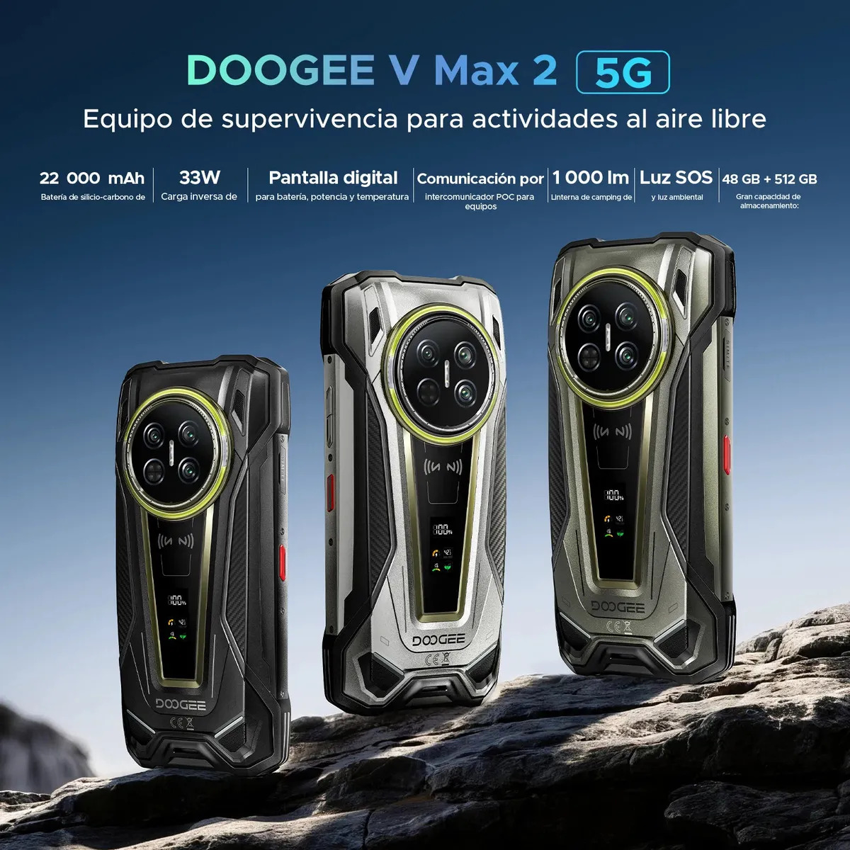 Doogee V Max 2 Celular Resistente 5G, Android 16, 48GB RAM+512GB ROM, Batería 22000mAh, Carga 120W, Pantalla 6.78" 120Hz, Luz de Camping, WiFi6E, Doble SIM